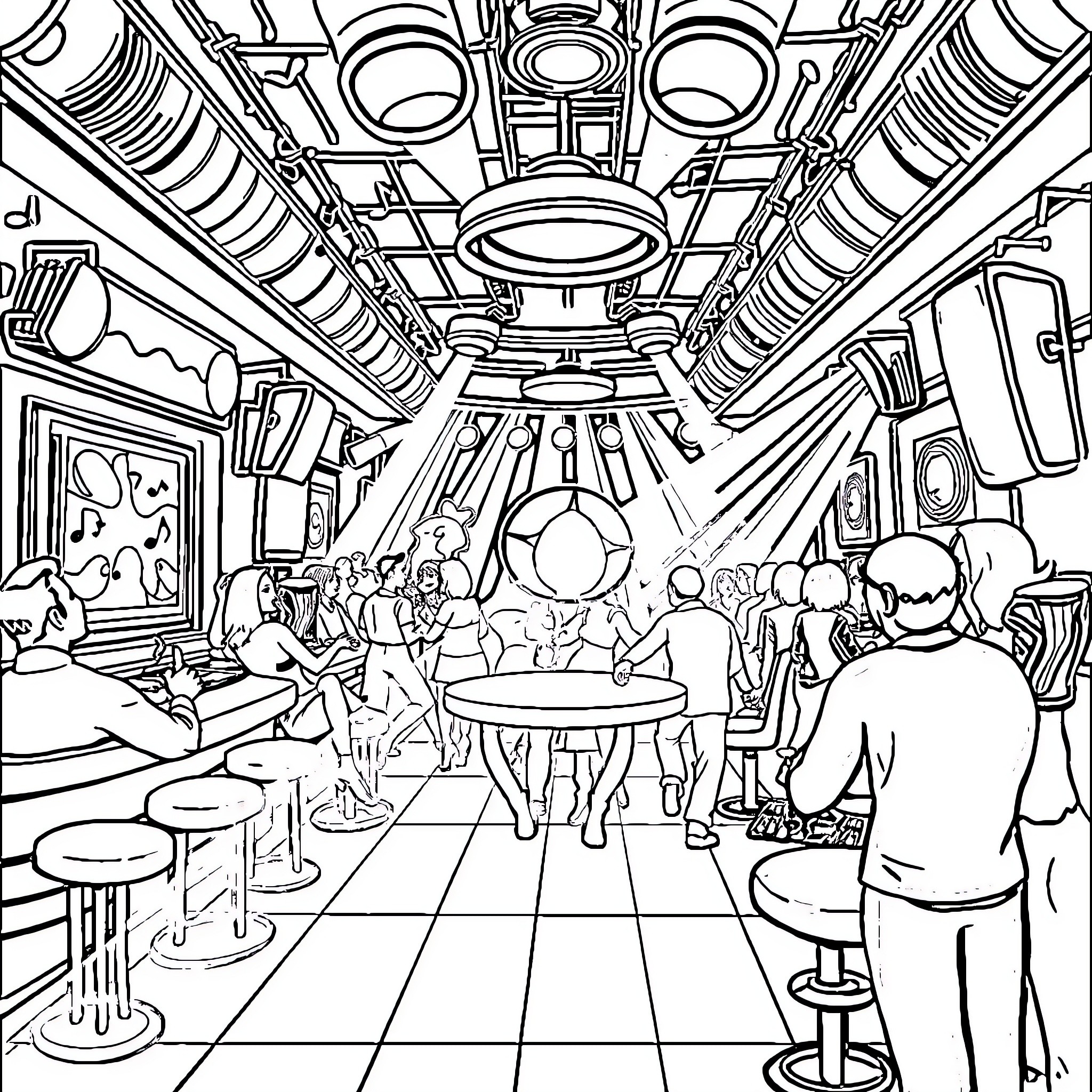 Nightclub with Lively Crowd and Vibrant Decor Coloring Page (free black-and-white line drawing printable PDF for all, from beginners to advanced learners, including children, teens, adults, and seniors)