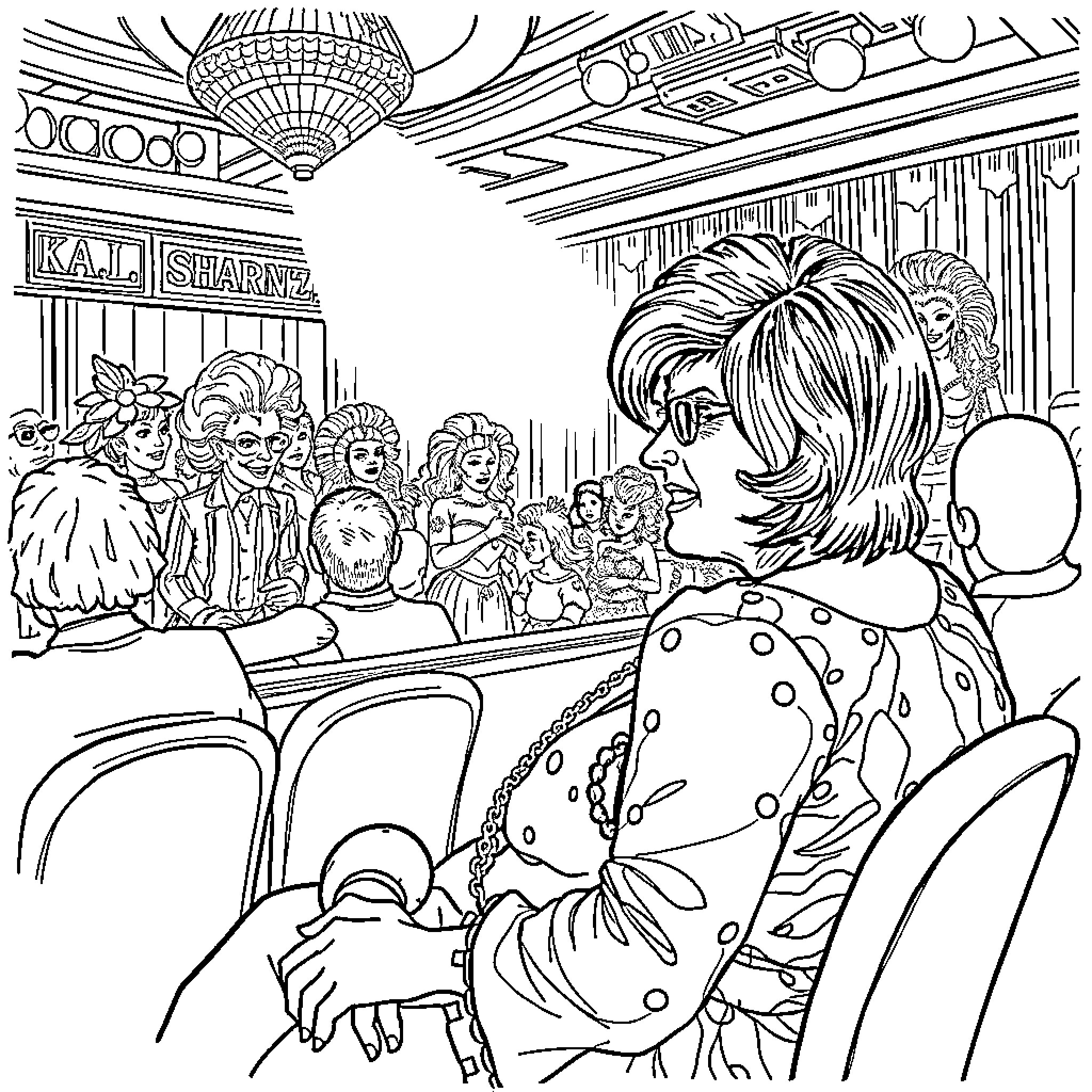 Sharon Osbourne's Expressive Appearance at a Lively Event Coloring Page (free black-and-white line drawing printable PDF for all, from beginners to advanced learners, including children, teens, adults, and seniors)