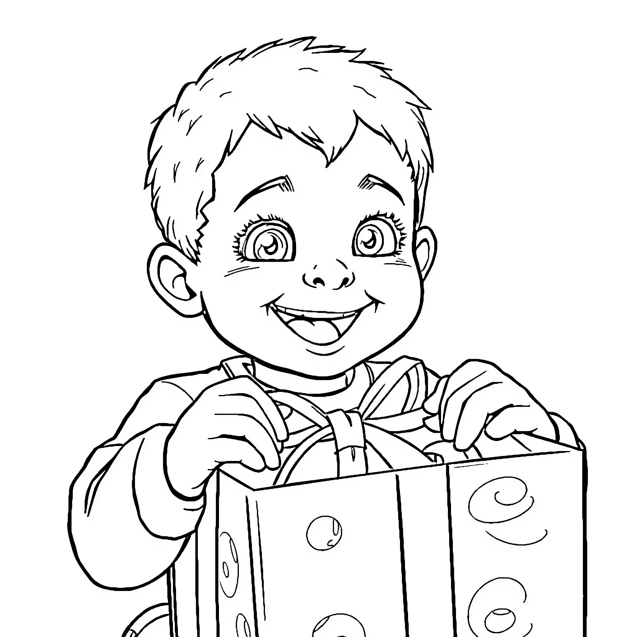 Child happily unwrapping a gift Coloring Page (free black-and-white line drawing printable PDF for all, from beginners to advanced learners, including children, teens, adults, and seniors)