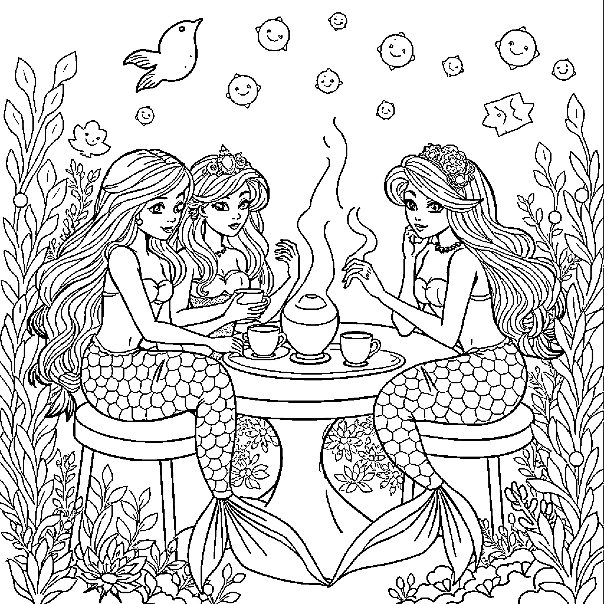 Mermaid friends enjoying tea time under the sea Coloring Page (free black-and-white line drawing printable PDF for all, from beginners to advanced learners, including children, teens, adults, and seniors)