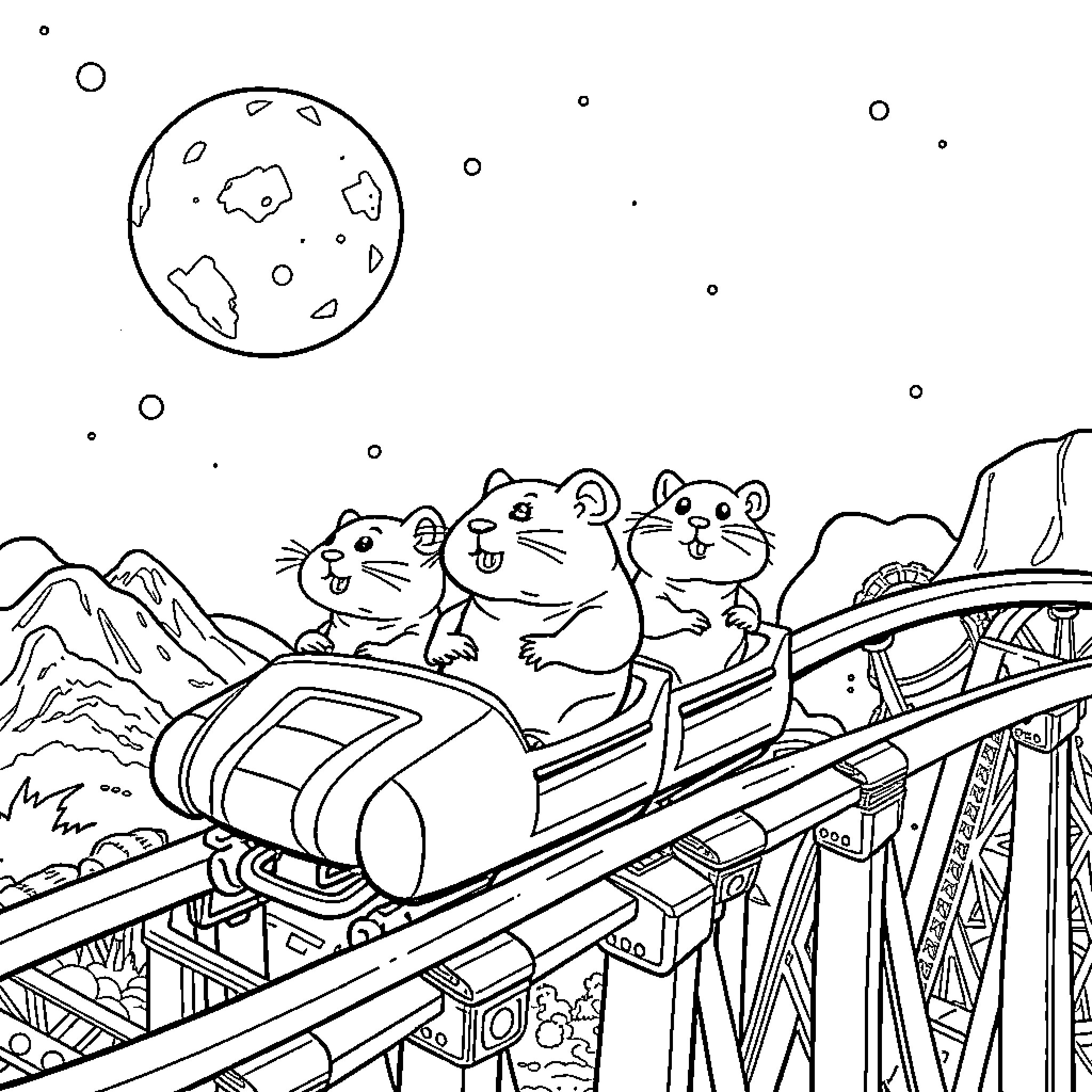 Hamsters riding a roller coaster through the mountains Coloring Page (free black-and-white line drawing printable PDF for all, from beginners to advanced learners, including children, teens, adults, and seniors)