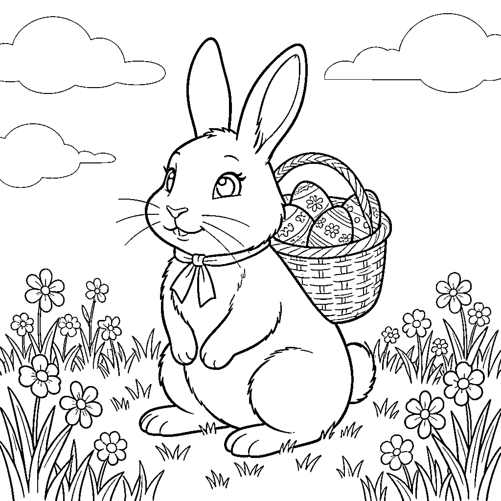 Bunny with Easter basket in a flowery meadow Coloring Page (free black-and-white line drawing printable PDF for all, from beginners to advanced learners, including children, teens, adults, and seniors)