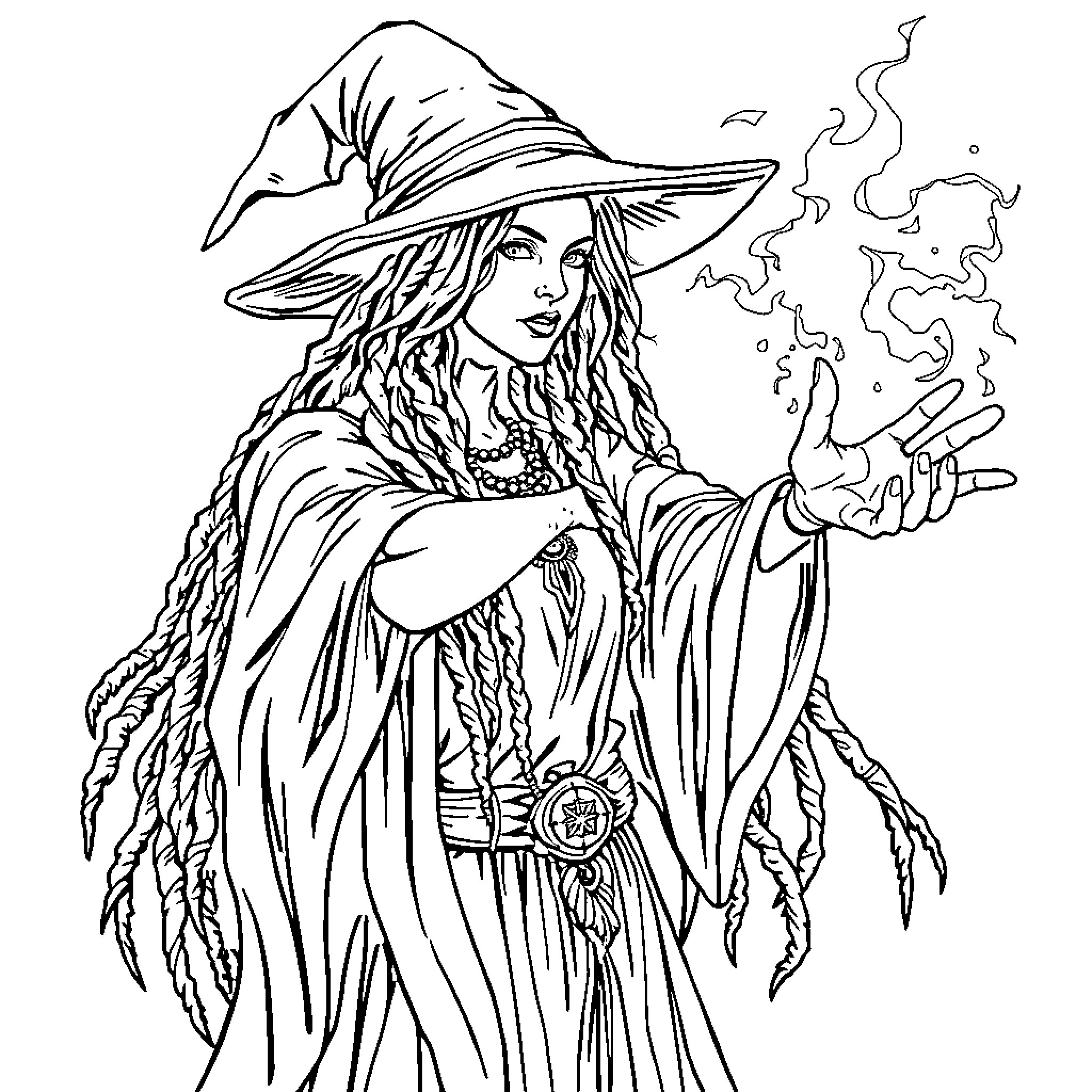 Wizard conjuring mystical energies in robes and hat Coloring Page (free black-and-white line drawing printable PDF for all, from beginners to advanced learners, including children, teens, adults, and seniors)