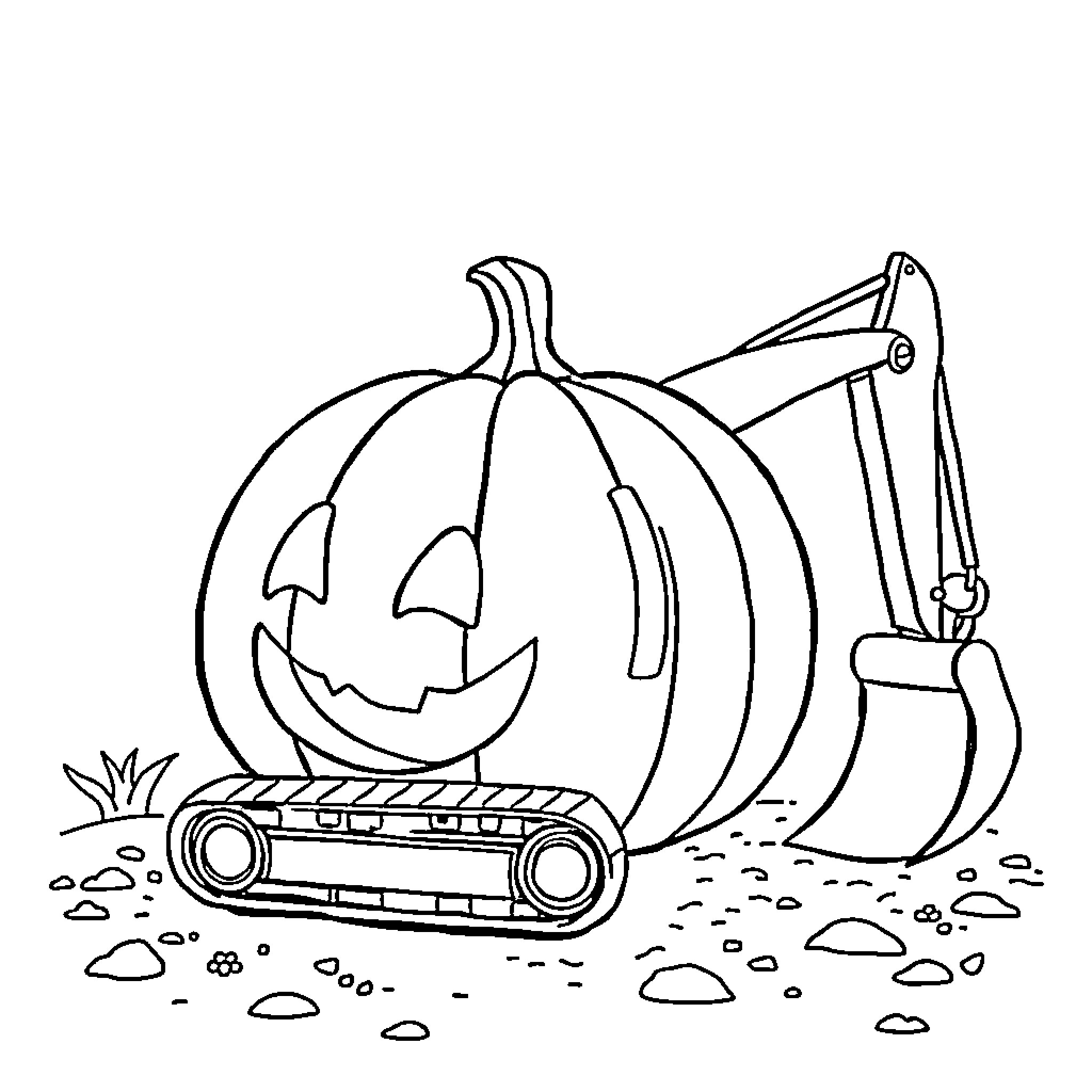 Excavator digging in pumpkin patch Coloring Page (free black-and-white line drawing printable PDF for all, from beginners to advanced learners, including children, teens, adults, and seniors)