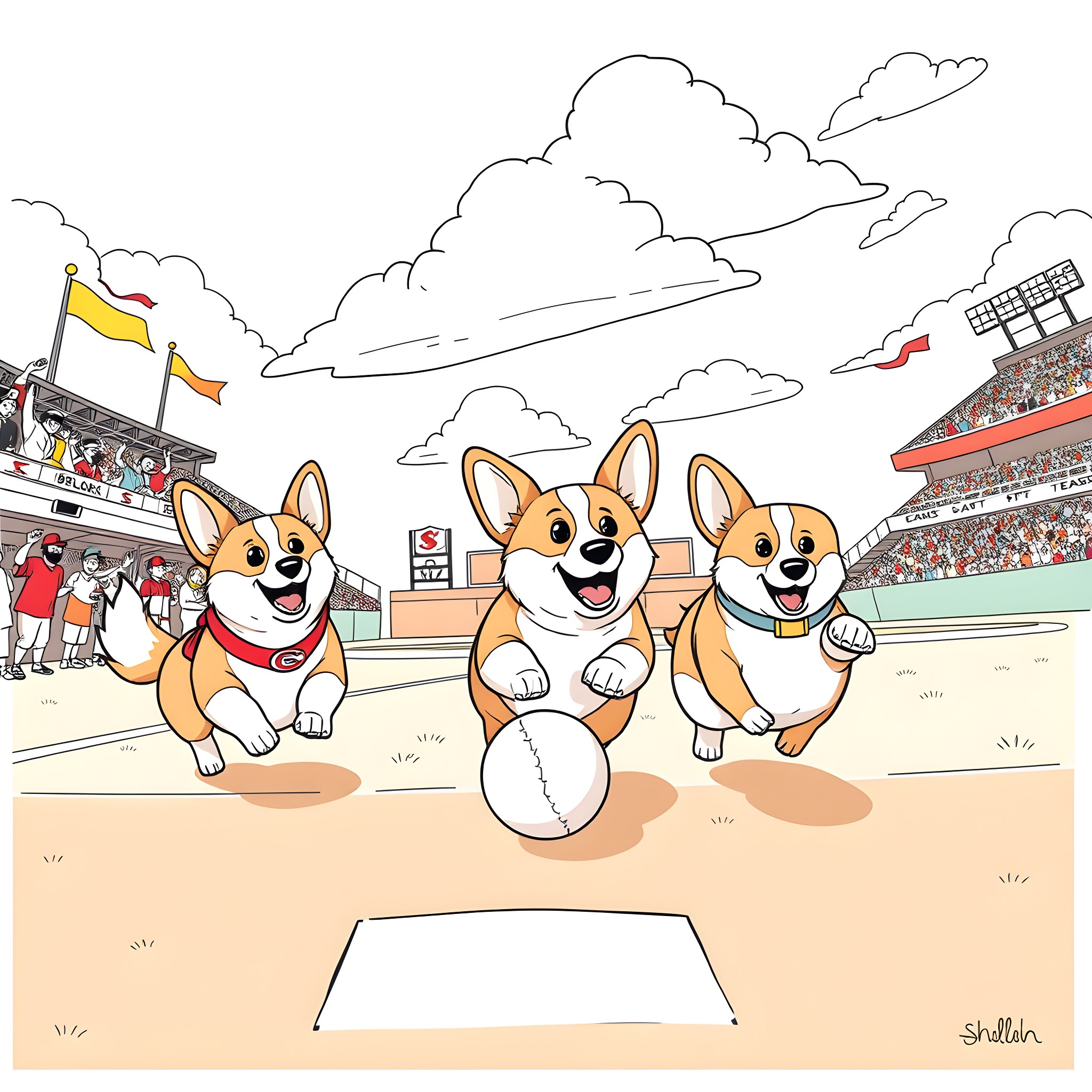 Corgi pups playing happily on the baseball field Coloring Page (free black-and-white line drawing printable PDF for all, from beginners to advanced learners, including children, teens, adults, and seniors)
