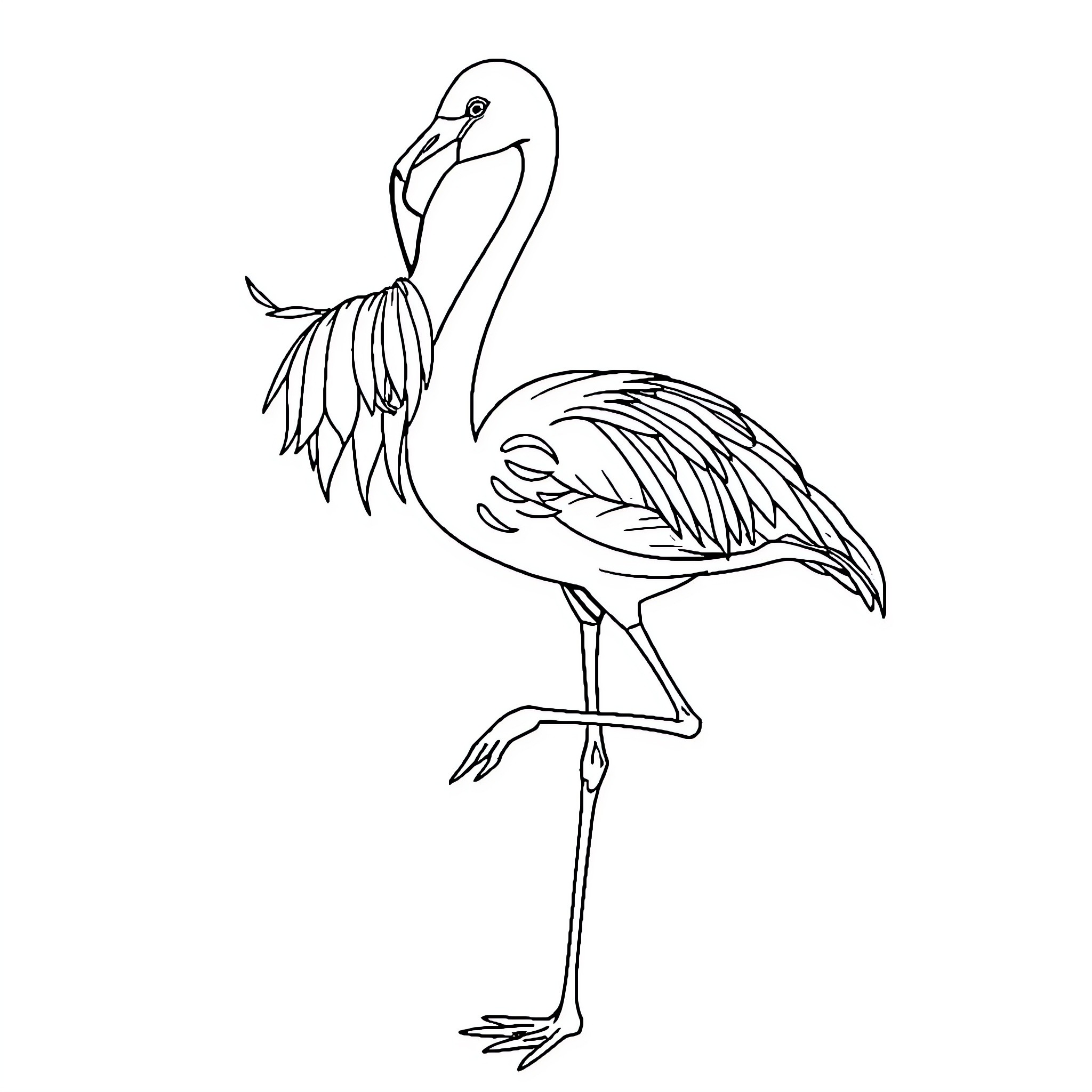 Flamingo standing elegantly on one leg Coloring Page (free black-and-white line drawing printable PDF for all, from beginners to advanced learners, including children, teens, adults, and seniors)