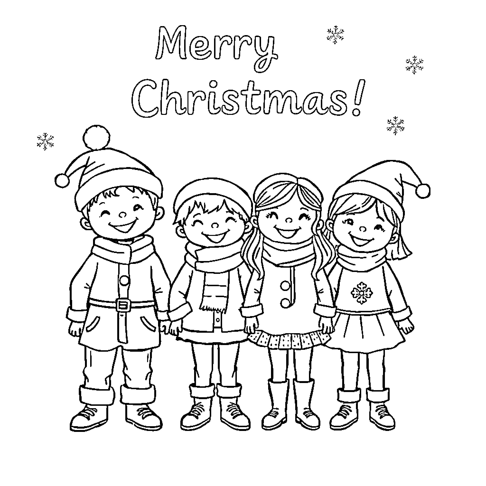 Kids celebrating merry Christmas together Coloring Page (free black-and-white line drawing printable PDF for all, from beginners to advanced learners, including children, teens, adults, and seniors)