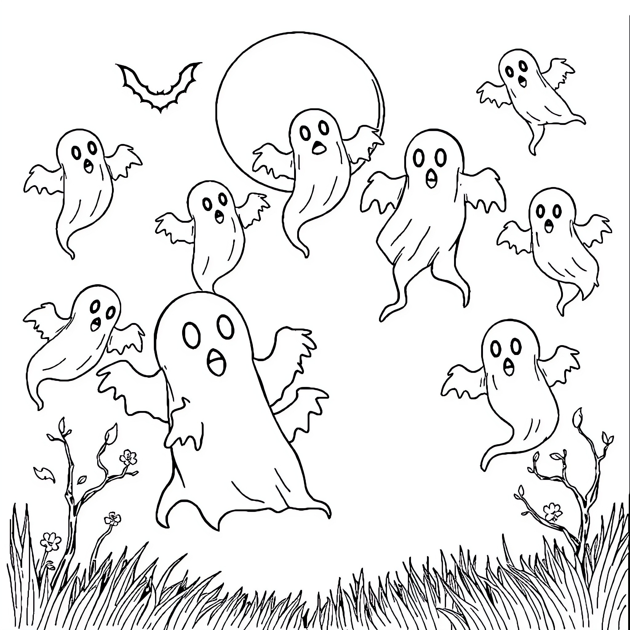 Ghost characters playing and flying in a spooky field Coloring Page (free black-and-white line drawing printable PDF for all, from beginners to advanced learners, including children, teens, adults, and seniors)