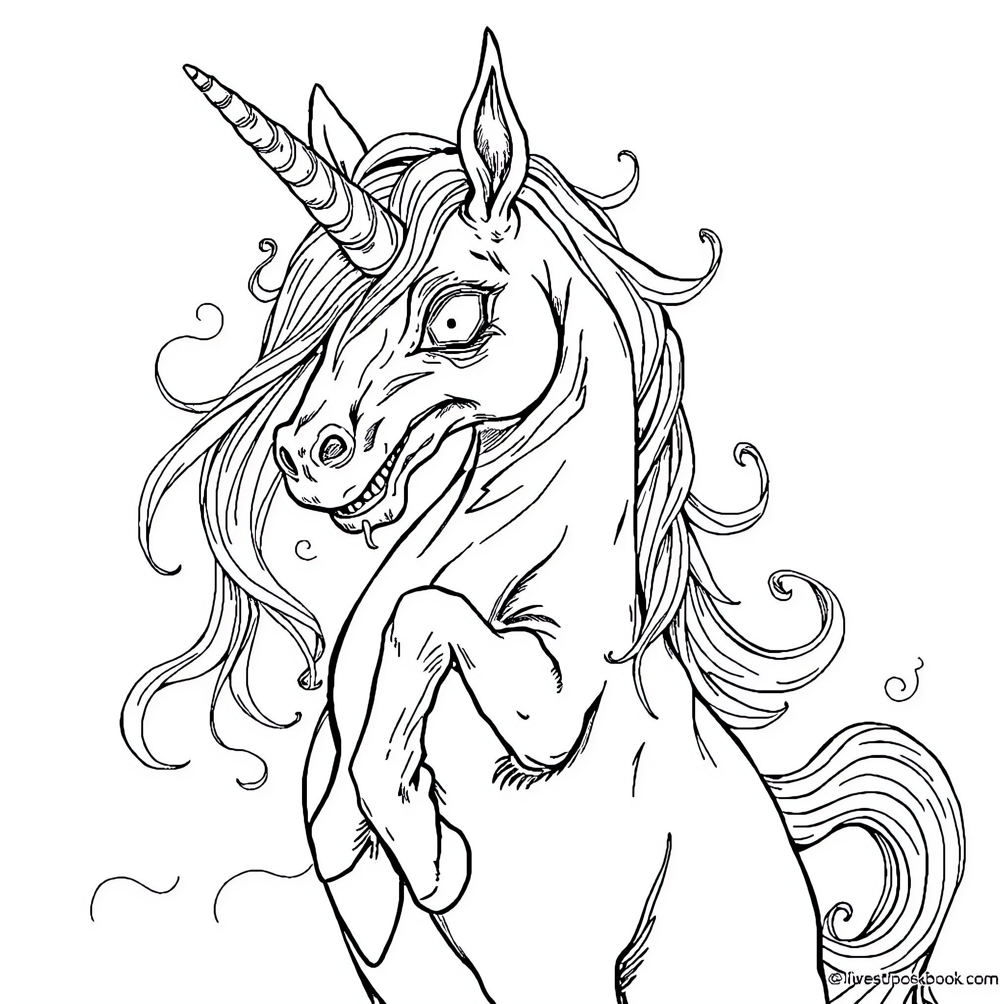 Unicorn with whimsical flowing mane and horn Coloring Page (free black-and-white line drawing printable PDF for all, from beginners to advanced learners, including children, teens, adults, and seniors)