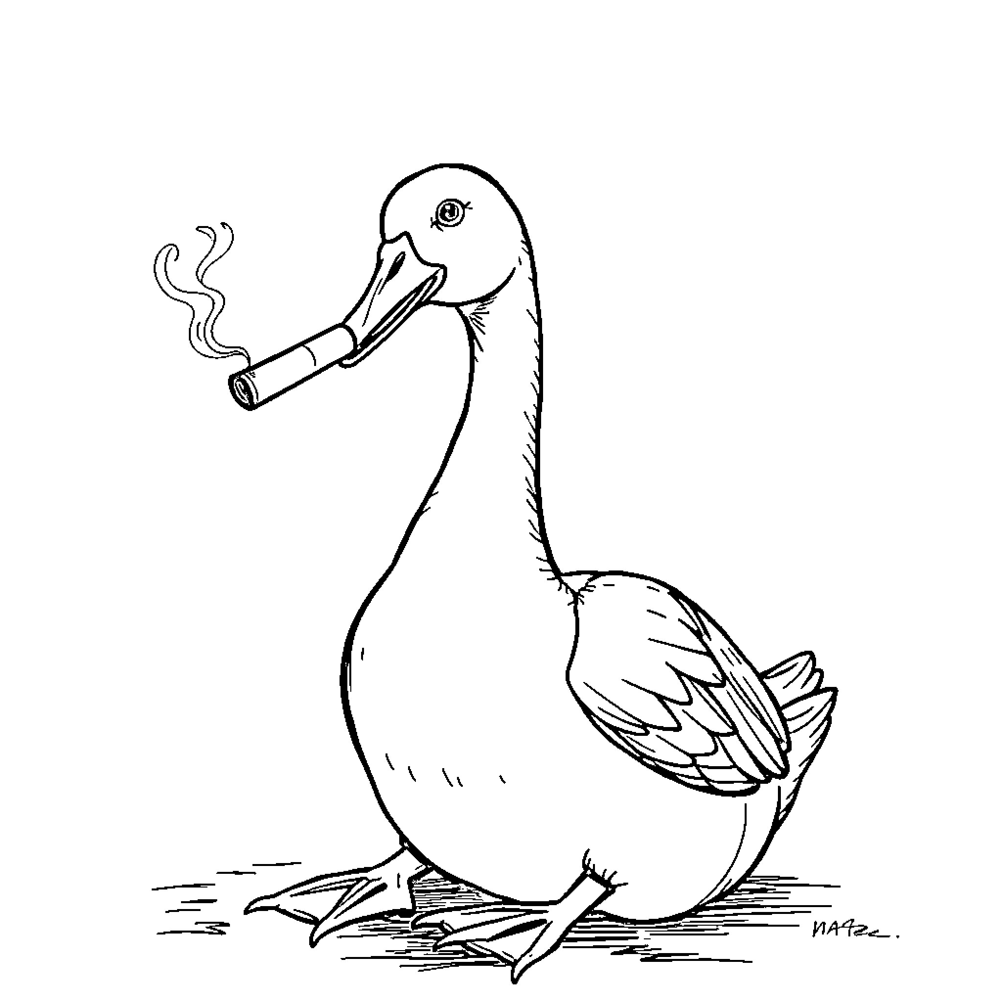 Goose enjoying a cigarette Coloring Page (free black-and-white line drawing printable PDF for all, from beginners to advanced learners, including children, teens, adults, and seniors)
