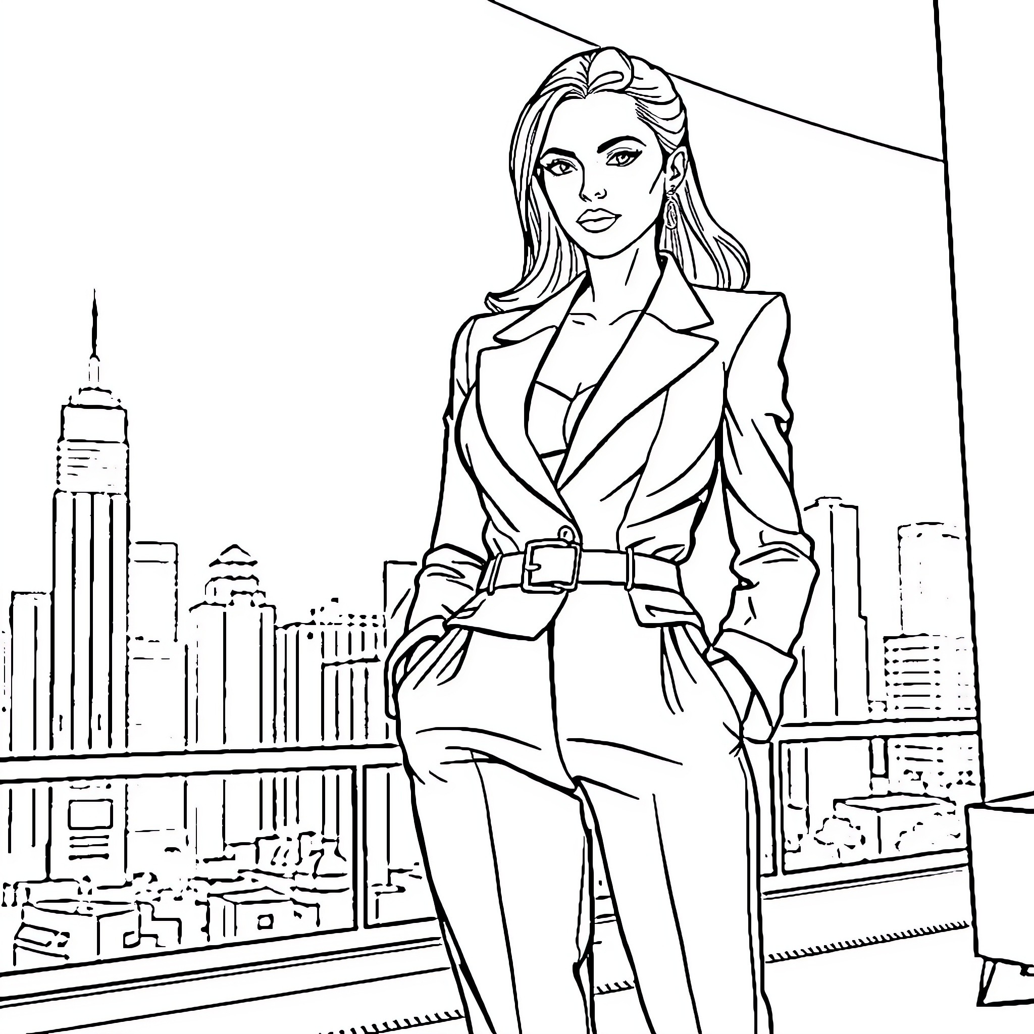 Woman posing confidently in a city setting Coloring Page (free black-and-white line drawing printable PDF for all, from beginners to advanced learners, including children, teens, adults, and seniors)
