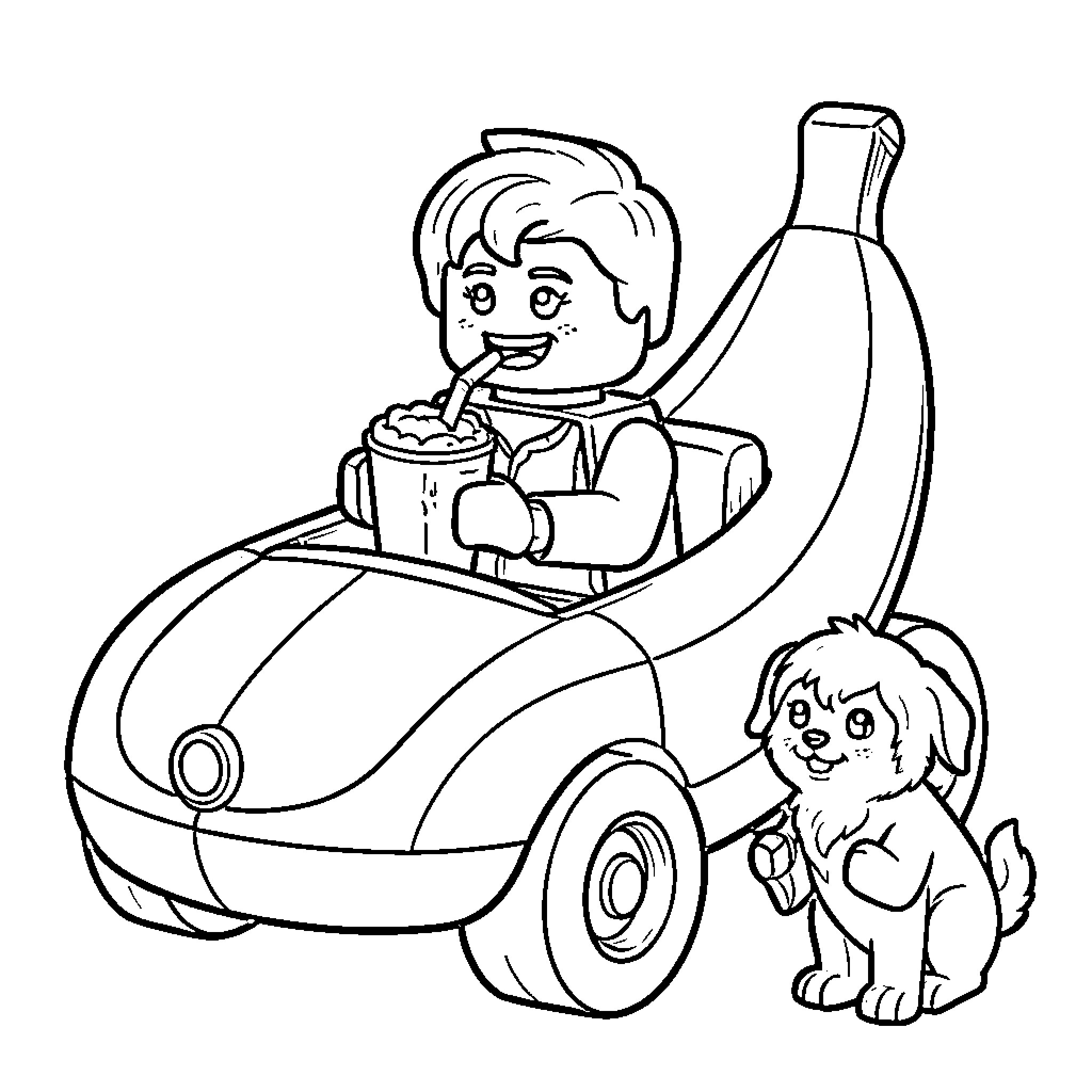 Lego Man enjoying ride with dog in car Coloring Page (free black-and-white line drawing printable PDF for all, from beginners to advanced learners, including children, teens, adults, and seniors)