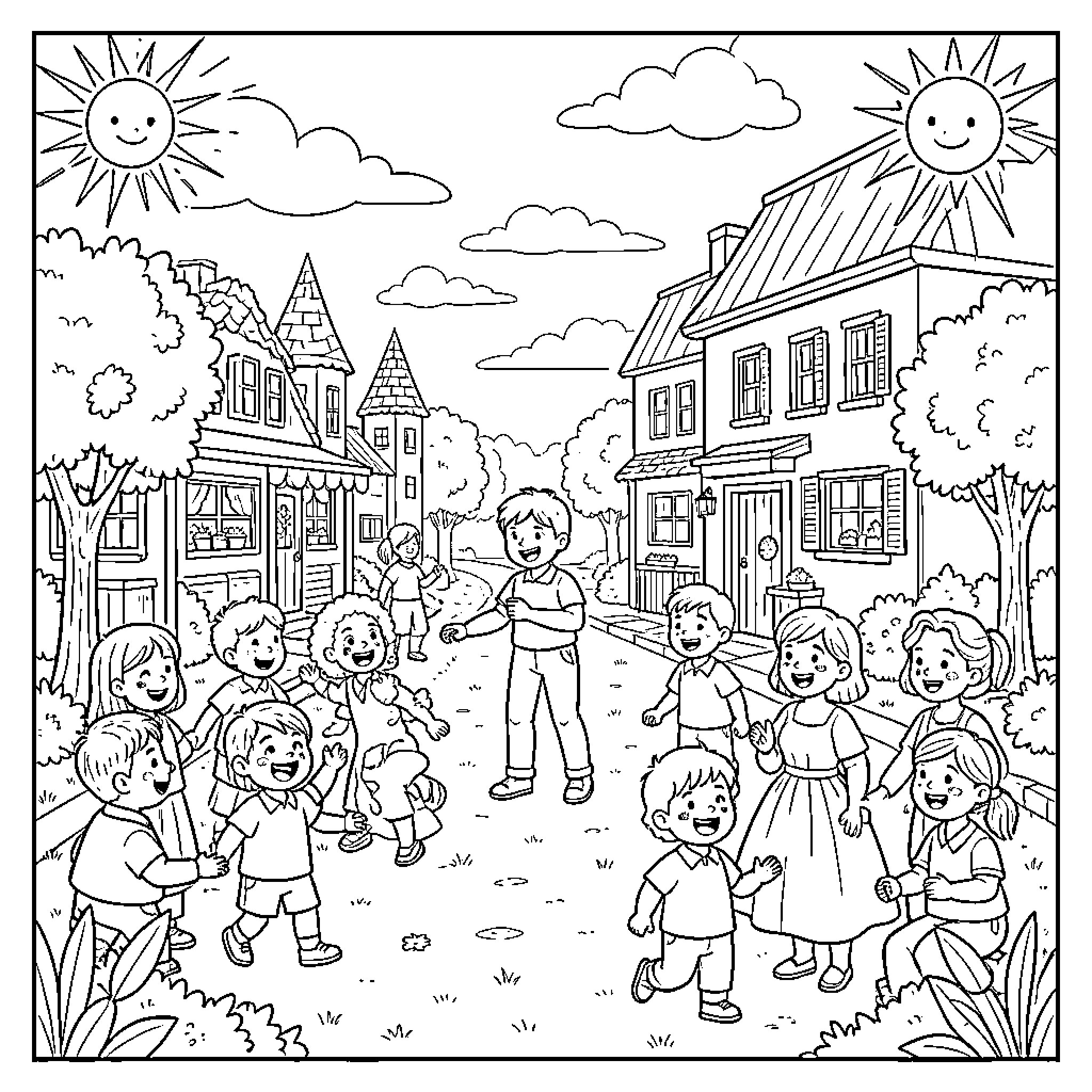 Image of children playing and exploring in a neighborhood Coloring Page (free black-and-white line drawing printable PDF for all, from beginners to advanced learners, including children, teens, adults, and seniors)