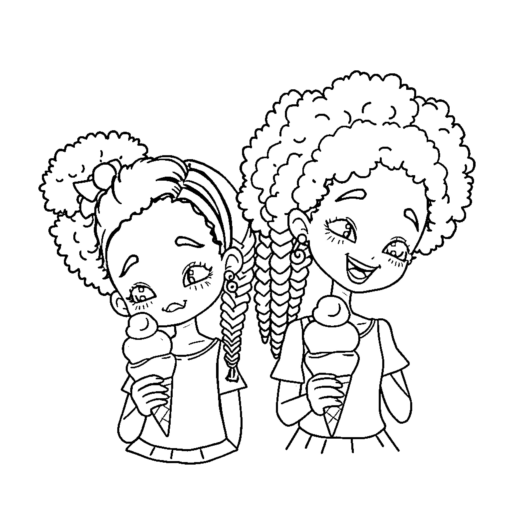 Girls enjoying ice cream together Coloring Page (free black-and-white line drawing printable PDF for all, from beginners to advanced learners, including children, teens, adults, and seniors)