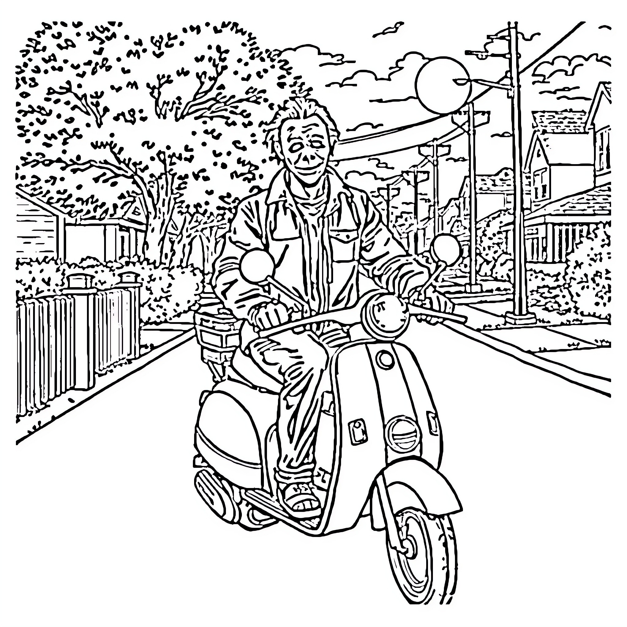 Michael Myers riding a scooter through a neighborhood Coloring Page (free black-and-white line drawing printable PDF for all, from beginners to advanced learners, including children, teens, adults, and seniors)
