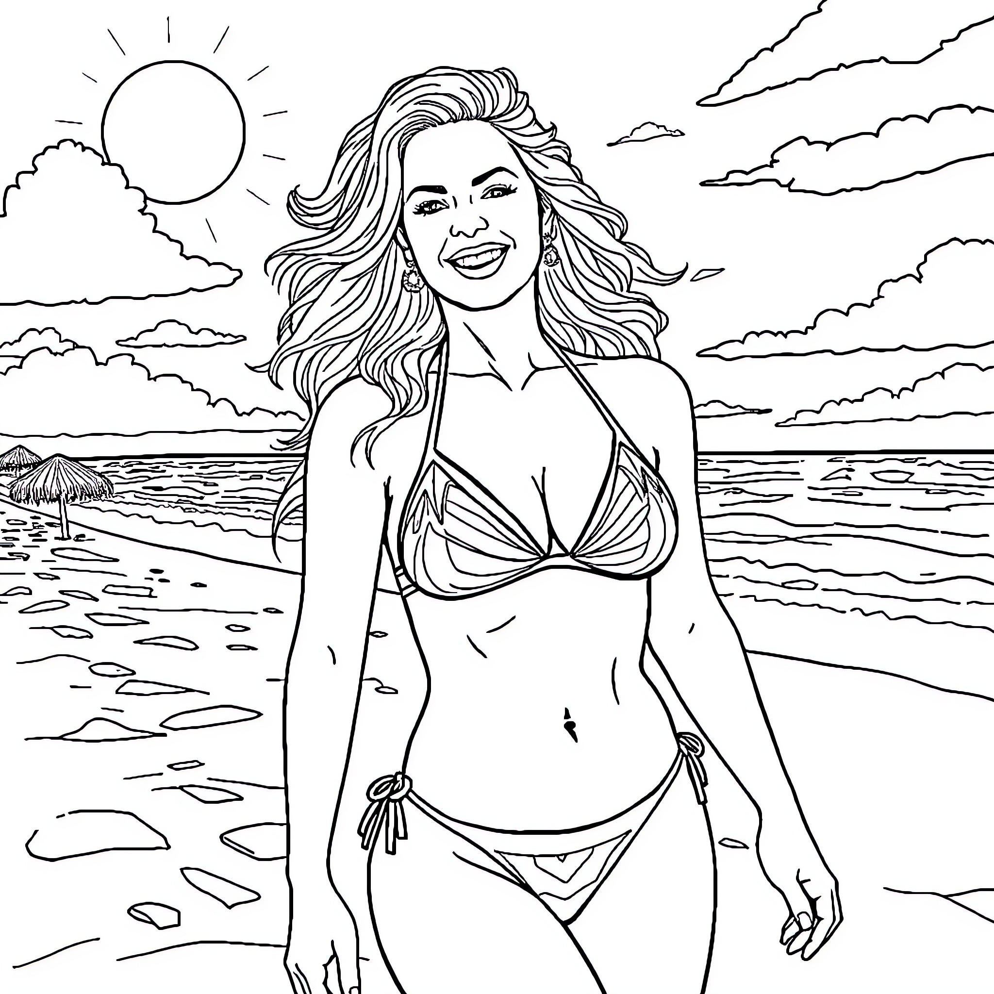 Pamela Anderson smiling in a bikini at the beach Coloring Page (free black-and-white line drawing printable PDF for all, from beginners to advanced learners, including children, teens, adults, and seniors)