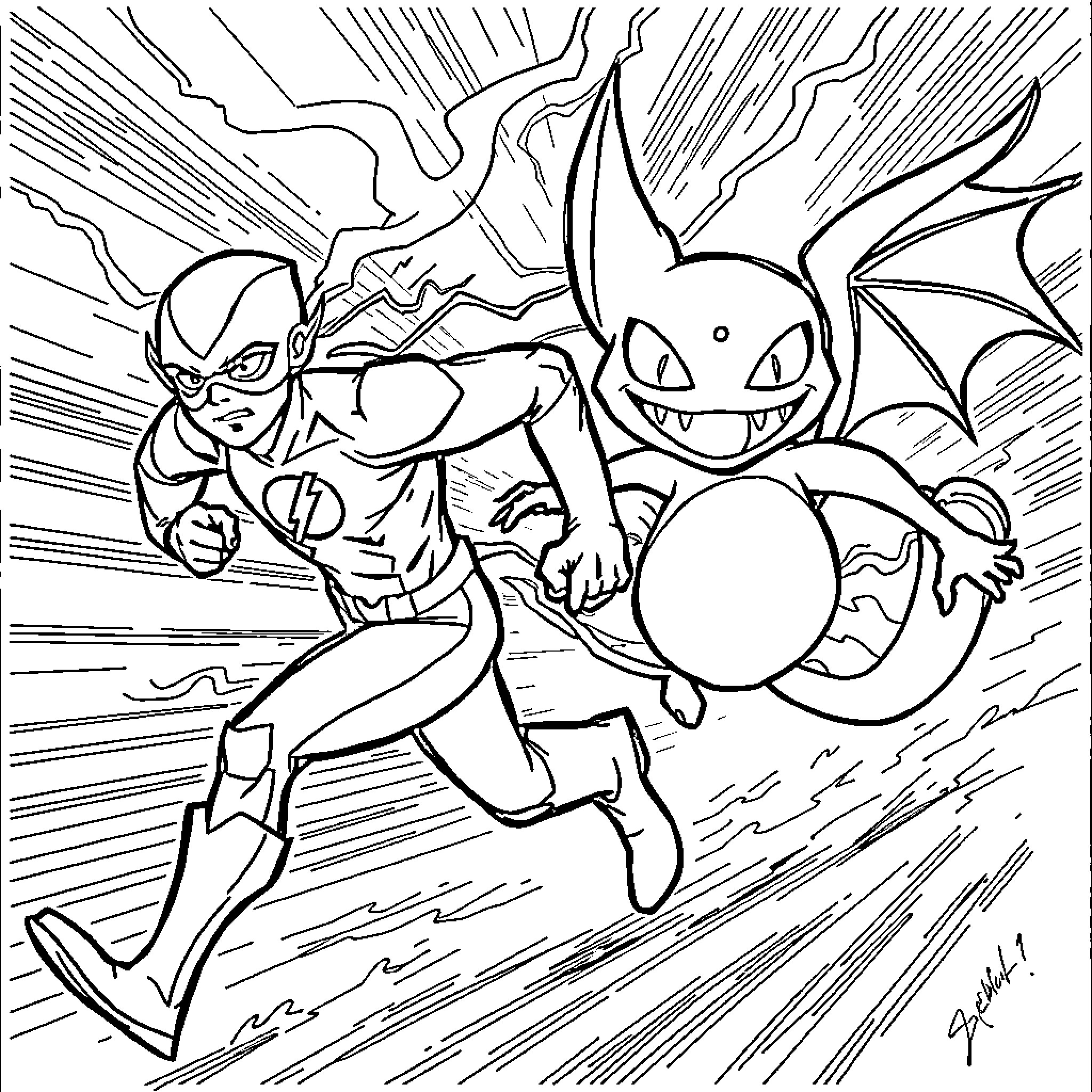 Flash Superheroes Battle Fierce Creature Coloring Page (free black-and-white line drawing printable PDF for all, from beginners to advanced learners, including children, teens, adults, and seniors)