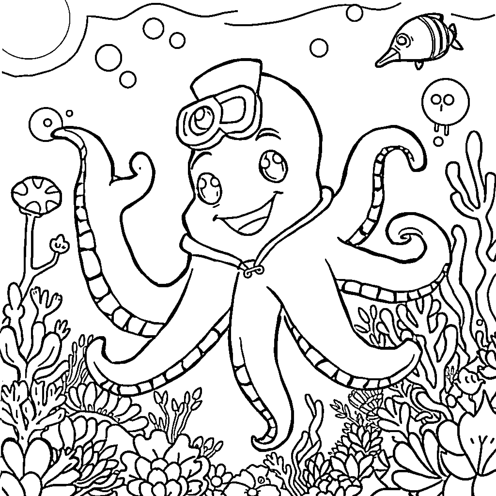 Octonaut exploring the underwater world Coloring Page (free black-and-white line drawing printable PDF for all, from beginners to advanced learners, including children, teens, adults, and seniors)