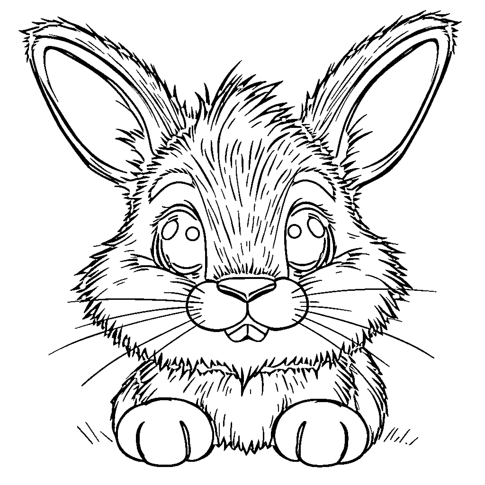 Bunny with large expressive eyes and fluffy coat Coloring Page (free black-and-white line drawing printable PDF for all, from beginners to advanced learners, including children, teens, adults, and seniors)