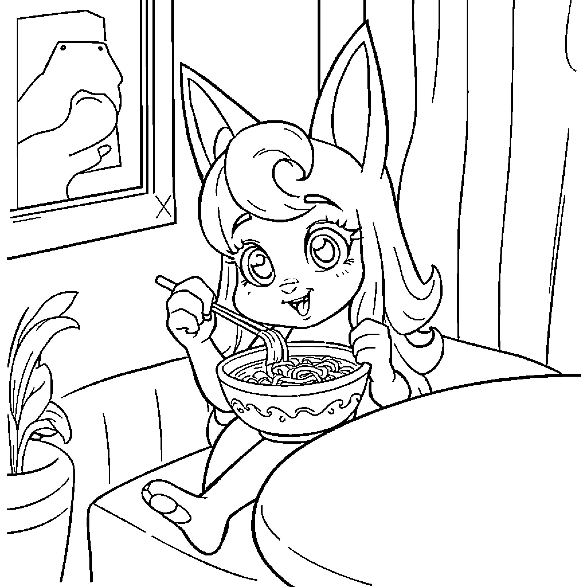 Zoey Enjoys a Delightful Meal Coloring Page (free black-and-white line drawing printable PDF for all, from beginners to advanced learners, including children, teens, adults, and seniors)