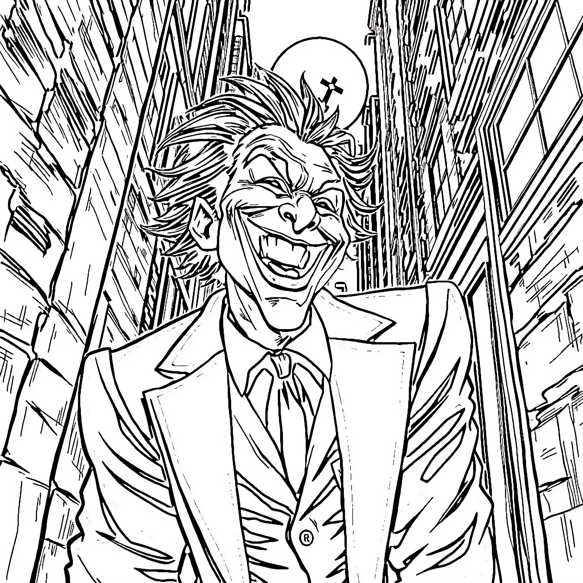 Joker's Mischievous Grin in the Chaos Coloring Page (free black-and-white line drawing printable PDF for all, from beginners to advanced learners, including children, teens, adults, and seniors)