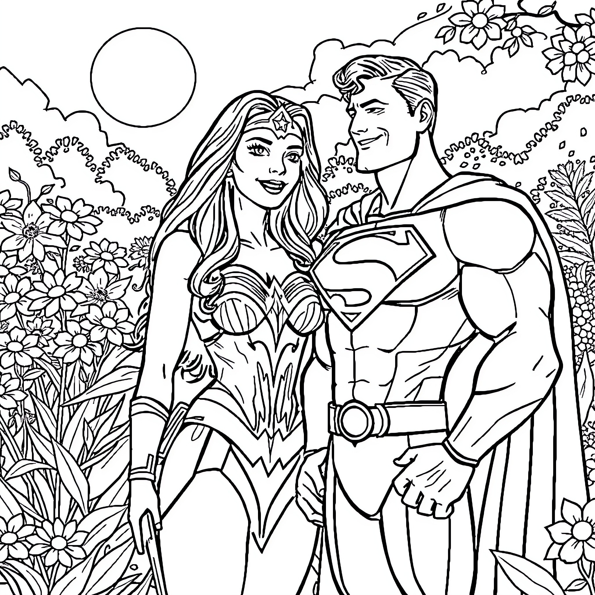 Wonder Woman and Superman's Romantic Adventure Coloring Page (free black-and-white line drawing printable PDF for all, from beginners to advanced learners, including children, teens, adults, and seniors)