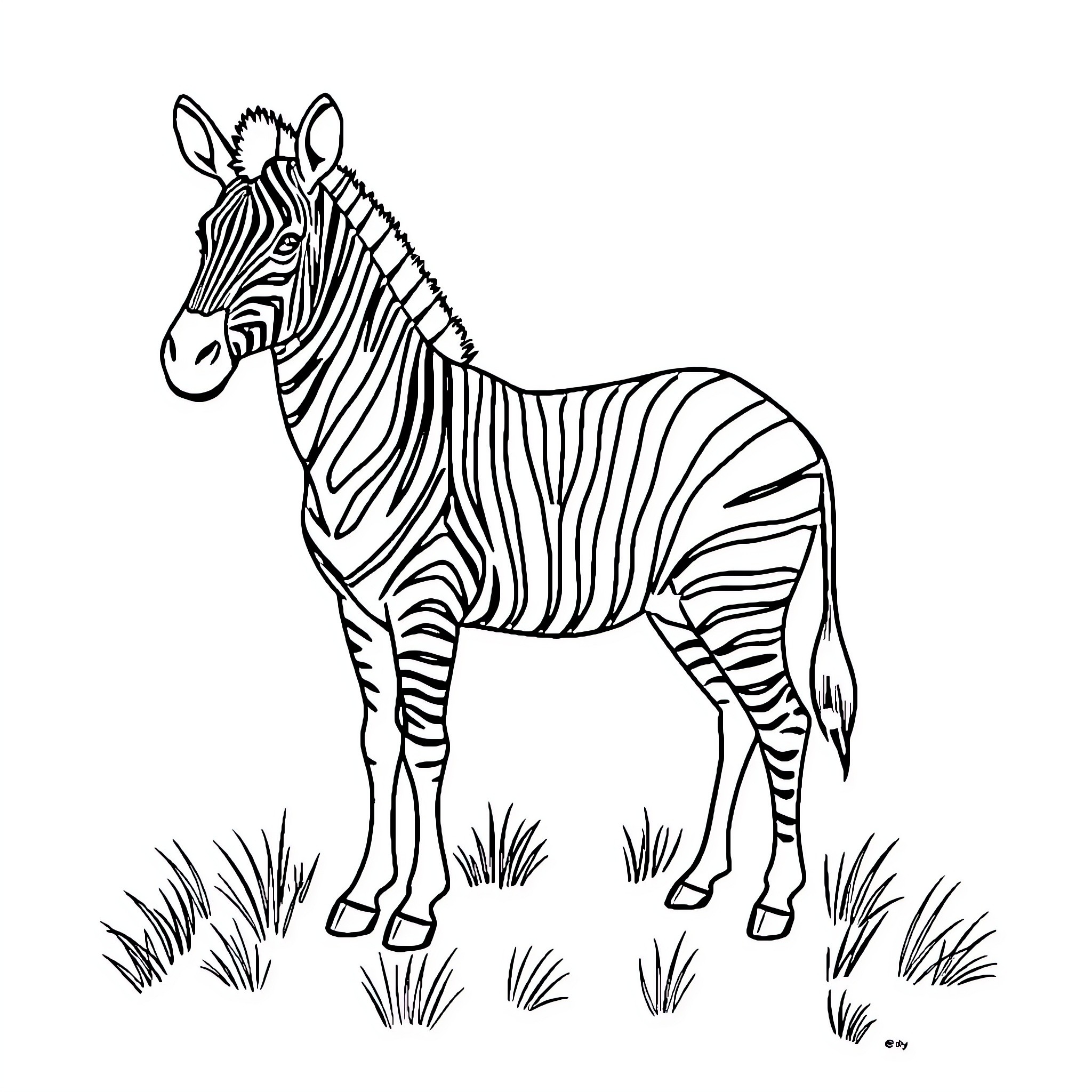 Zebra standing in the wild grass Coloring Page (free black-and-white line drawing printable PDF for all, from beginners to advanced learners, including children, teens, adults, and seniors)