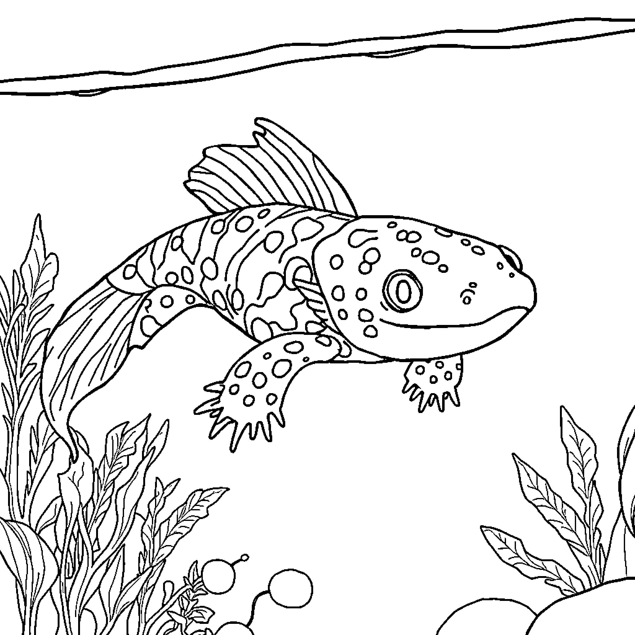 Axolotl swimming among underwater plants Coloring Page (free black-and-white line drawing printable PDF for all, from beginners to advanced learners, including children, teens, adults, and seniors)