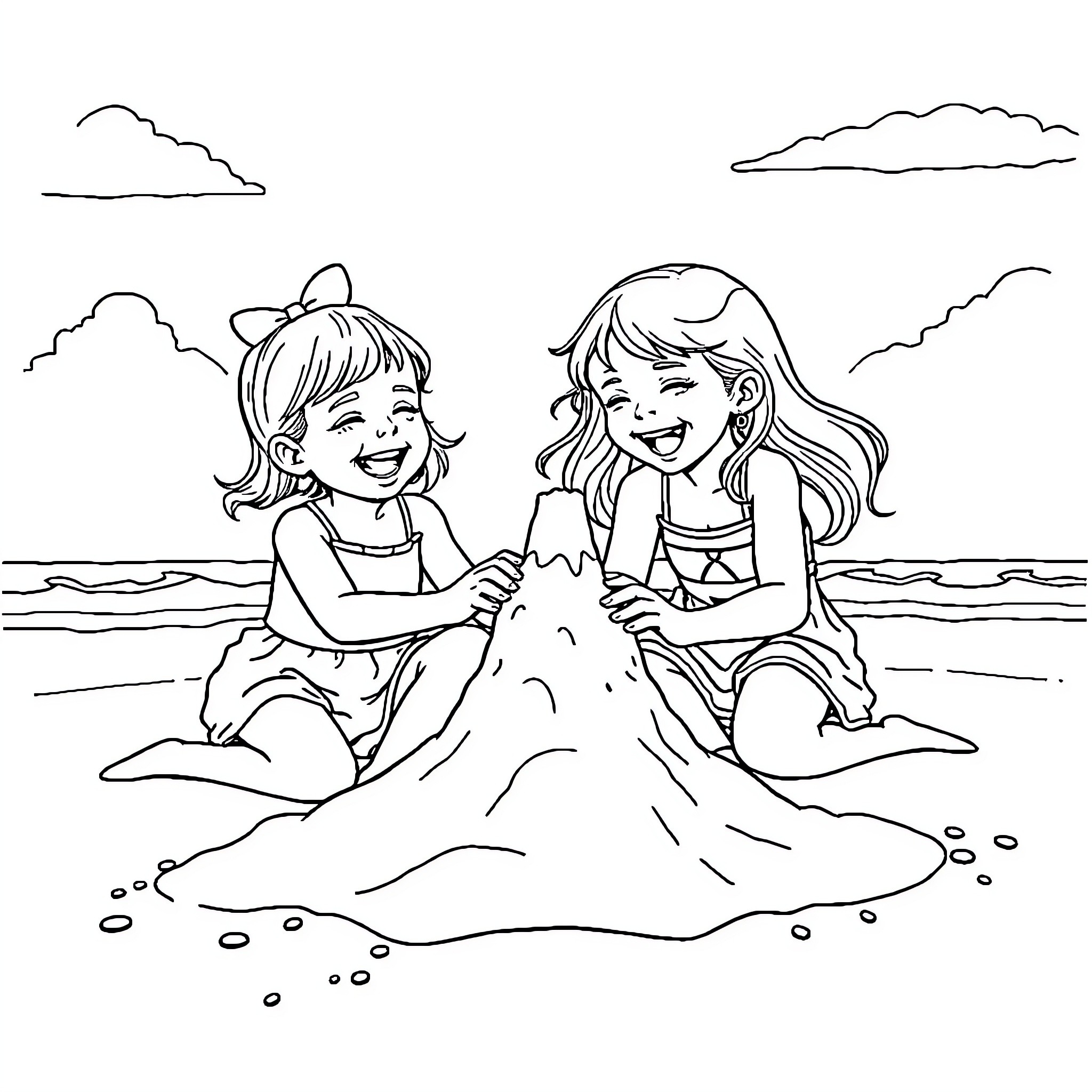 Girls Building Sandcastle on the Beach Coloring Page (free black-and-white line drawing printable PDF for all, from beginners to advanced learners, including children, teens, adults, and seniors)