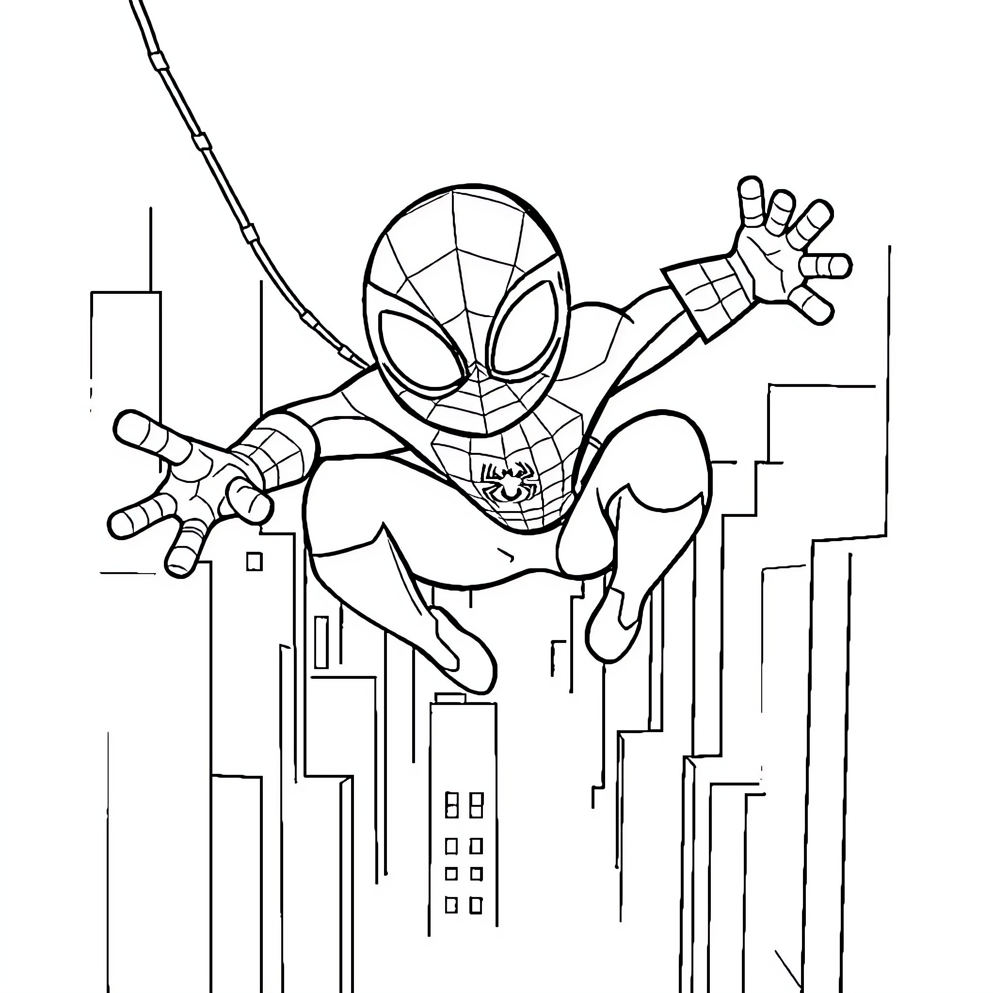 Spiderman swinging through the city skyline Coloring Page (free black-and-white line drawing printable PDF for all, from beginners to advanced learners, including children, teens, adults, and seniors)