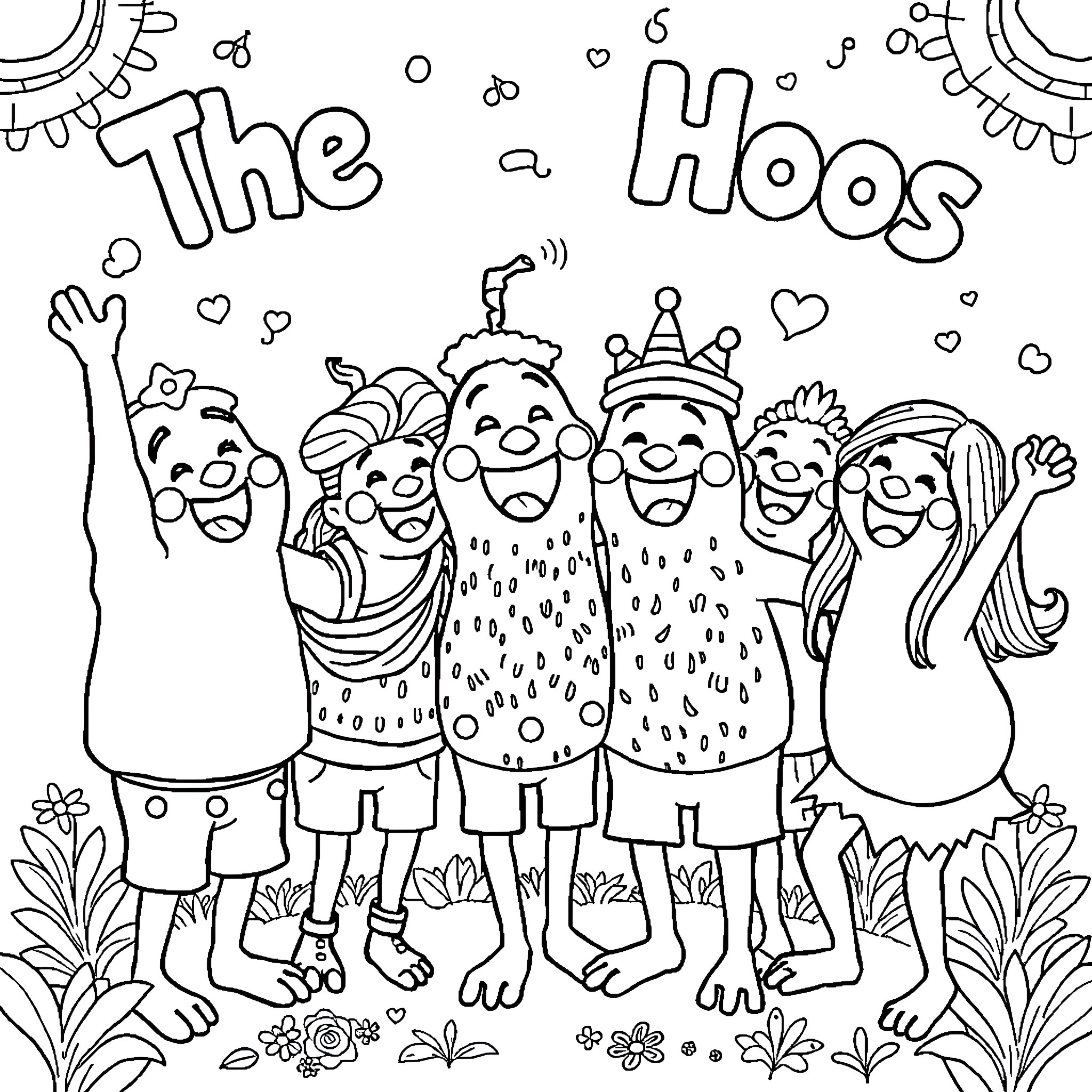 Haa Hoos enjoying a lively gathering with festive outfits Coloring Page (free black-and-white line drawing printable PDF for all, from beginners to advanced learners, including children, teens, adults, and seniors)