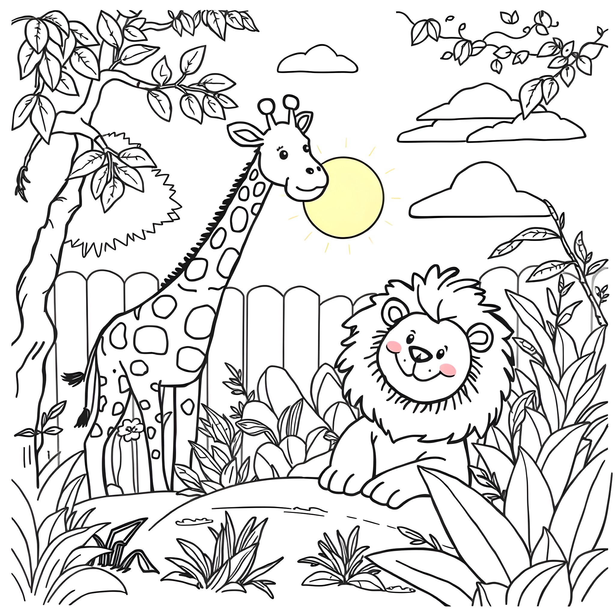 Zoo animals enjoying the outdoors in a natural setting Coloring Page (free black-and-white line drawing printable PDF for all, from beginners to advanced learners, including children, teens, adults, and seniors)