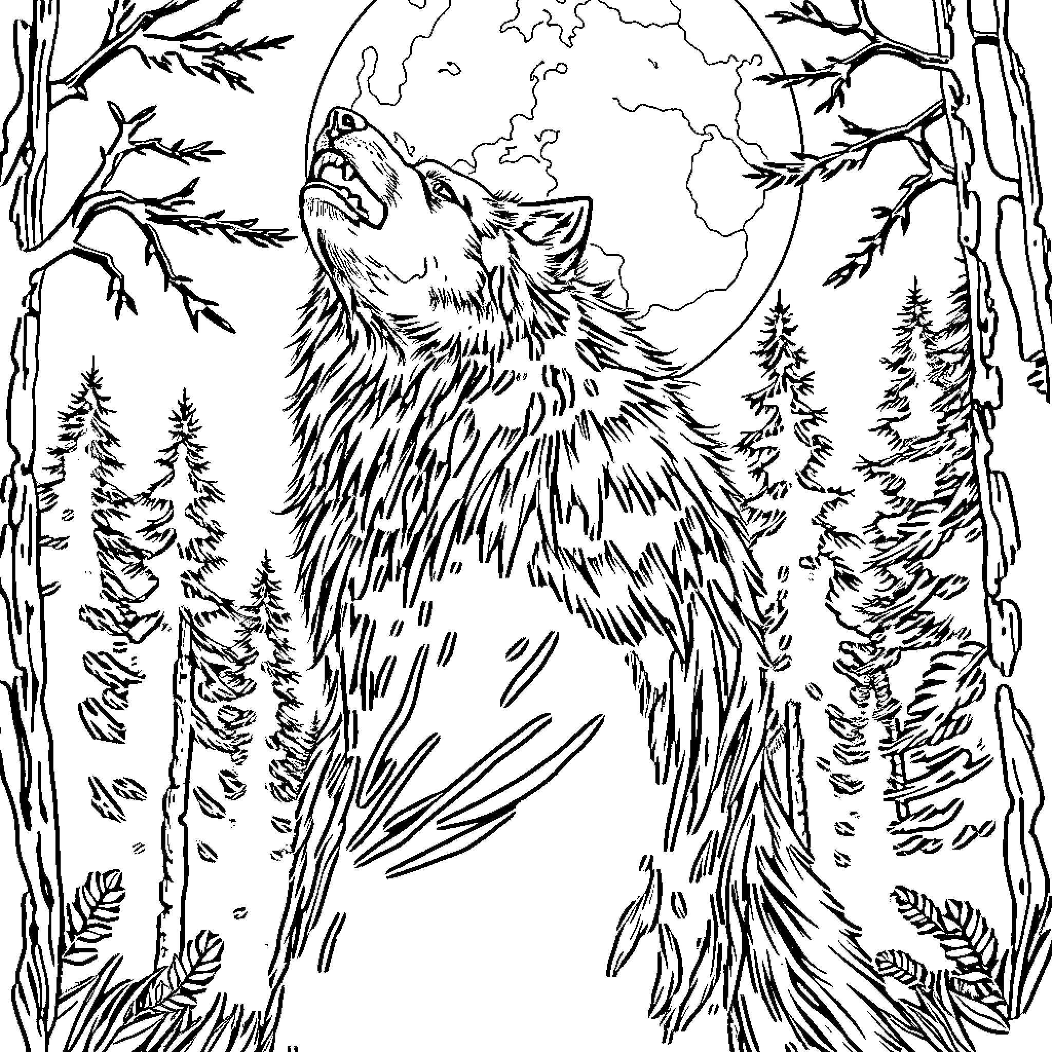 Wolf howling in the moonlit forest Coloring Page (free black-and-white line drawing printable PDF for all, from beginners to advanced learners, including children, teens, adults, and seniors)
