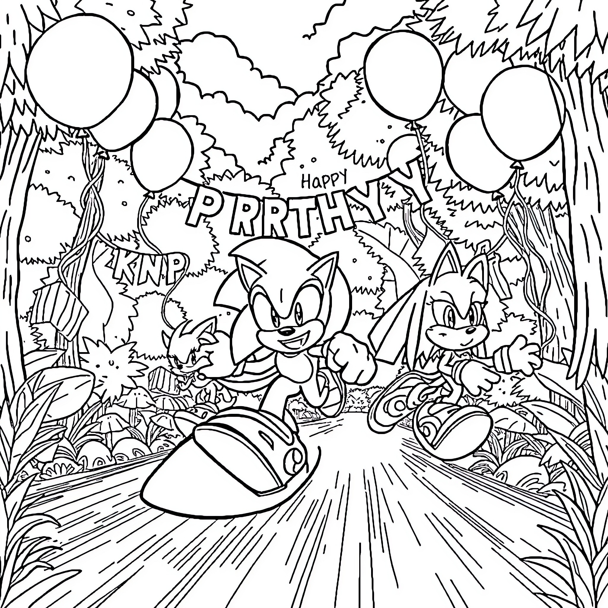 Knuckles' Festive Birthday Celebration Coloring Page (free black-and-white line drawing printable PDF for all, from beginners to advanced learners, including children, teens, adults, and seniors)