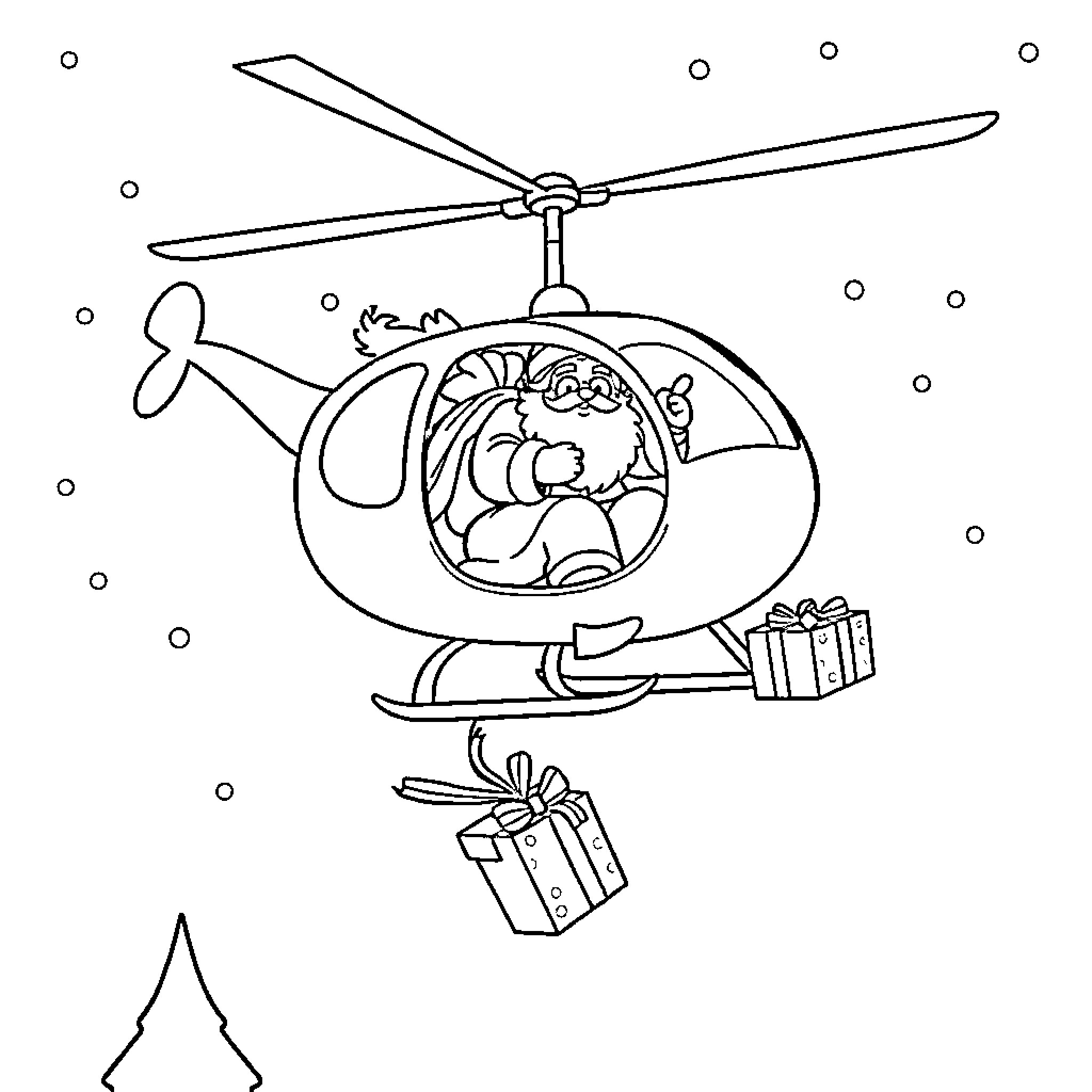 Saint Nicholas delivering gifts by helicopter Coloring Page (free black-and-white line drawing printable PDF for all, from beginners to advanced learners, including children, teens, adults, and seniors)