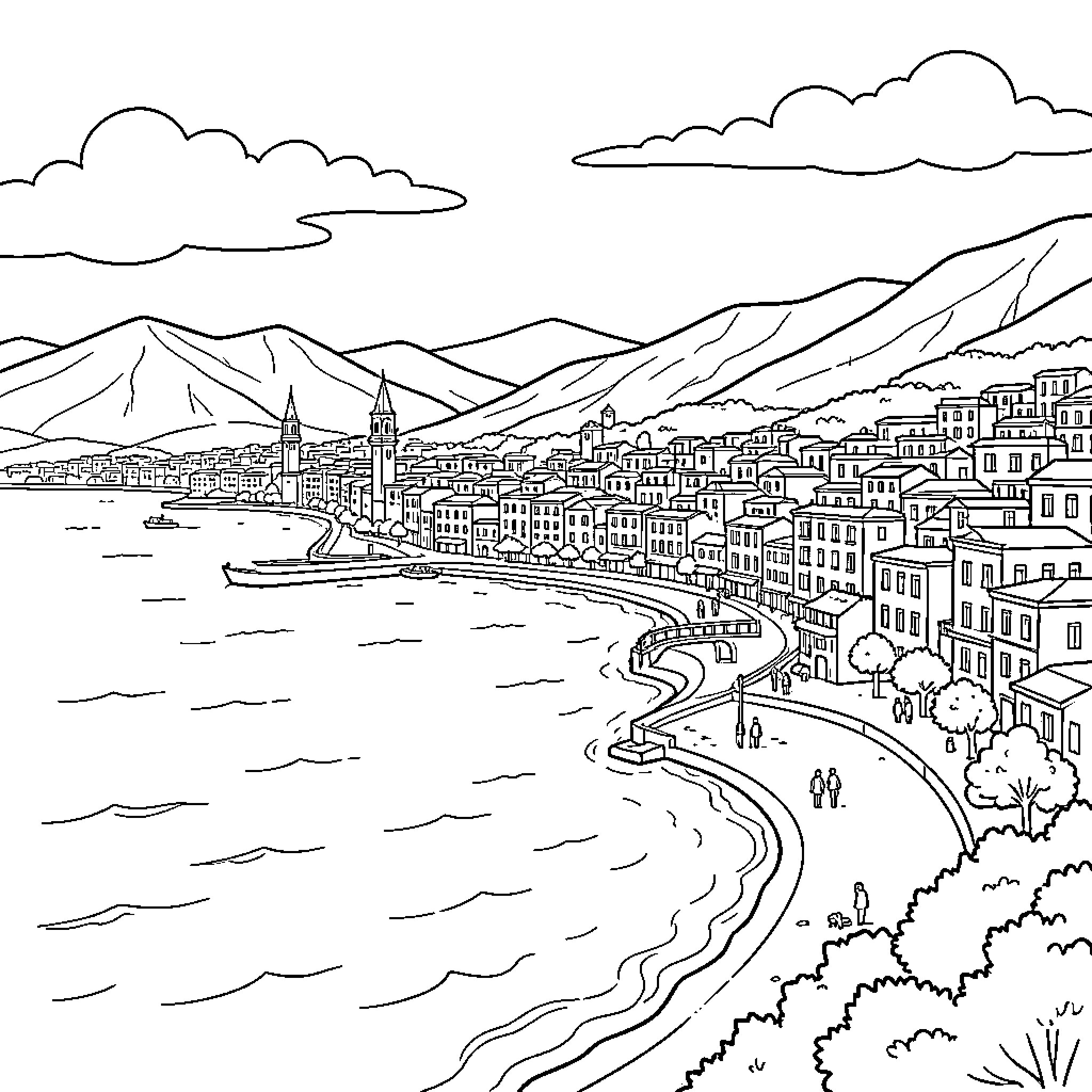 Bejaia coastal cityscape with mountains and sea view Coloring Page (free black-and-white line drawing printable PDF for all, from beginners to advanced learners, including children, teens, adults, and seniors)