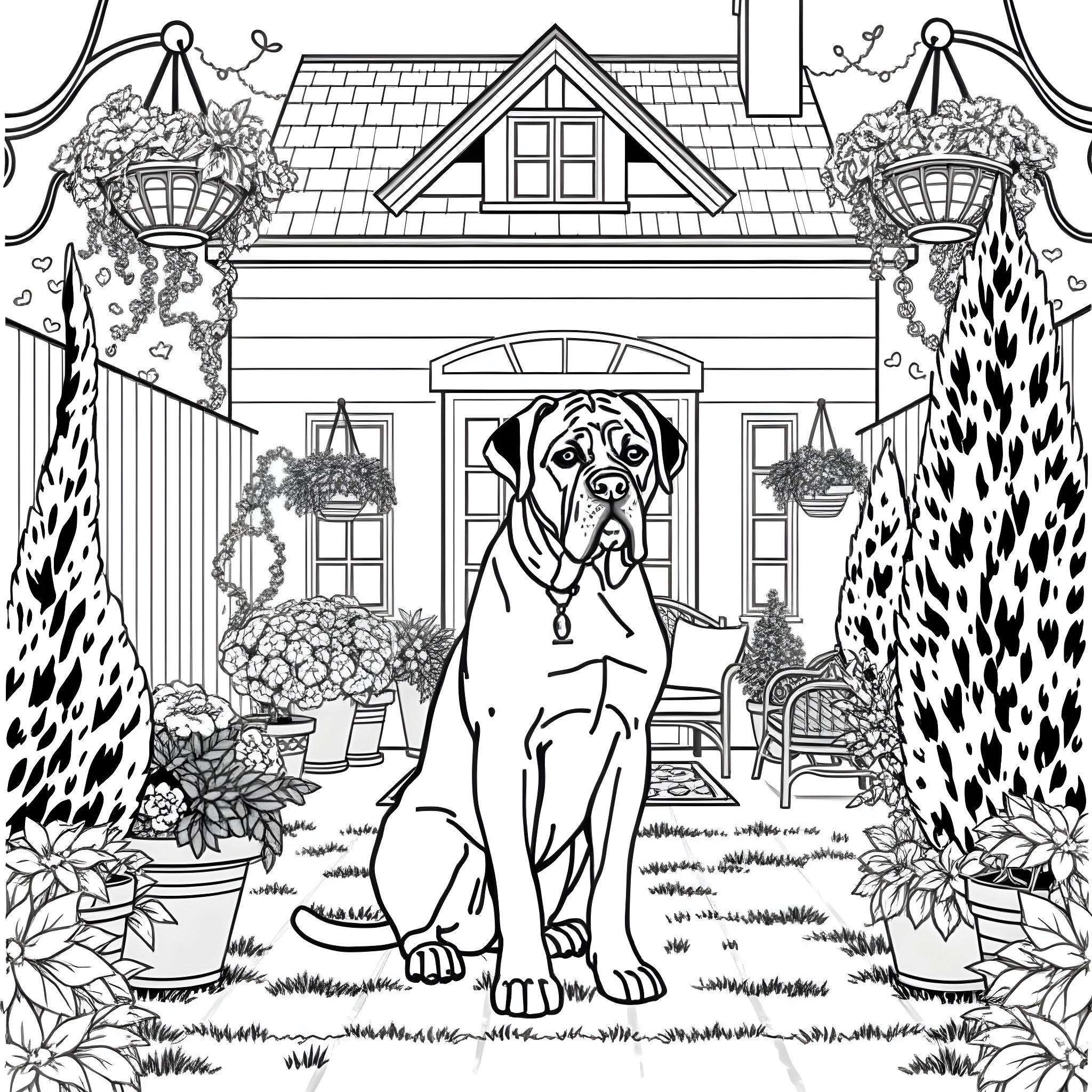 English Mastiff guarding a cozy cottage garden Coloring Page (free black-and-white line drawing printable PDF for all, from beginners to advanced learners, including children, teens, adults, and seniors)