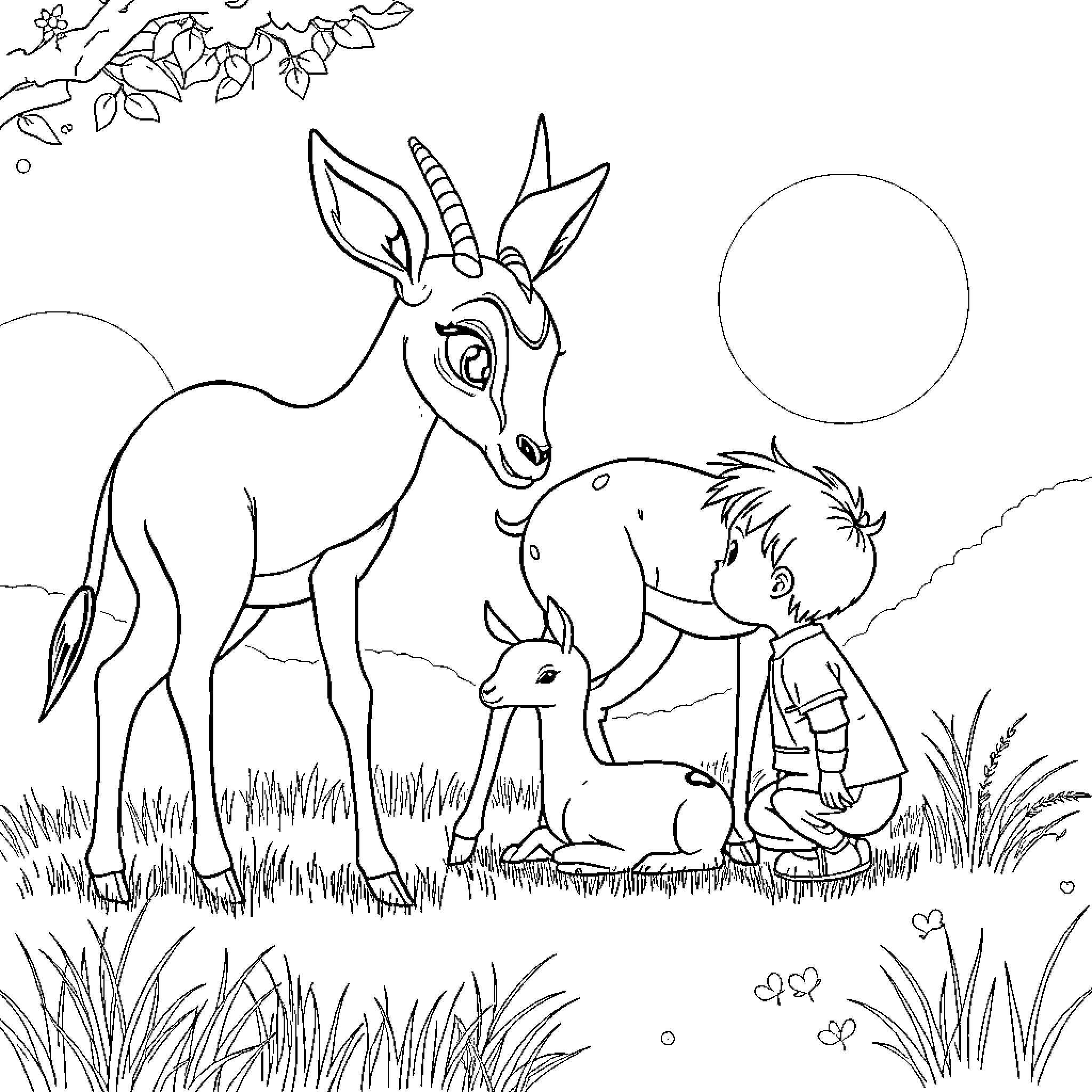 Gazelle and child exploring nature together Coloring Page (free black-and-white line drawing printable PDF for all, from beginners to advanced learners, including children, teens, adults, and seniors)