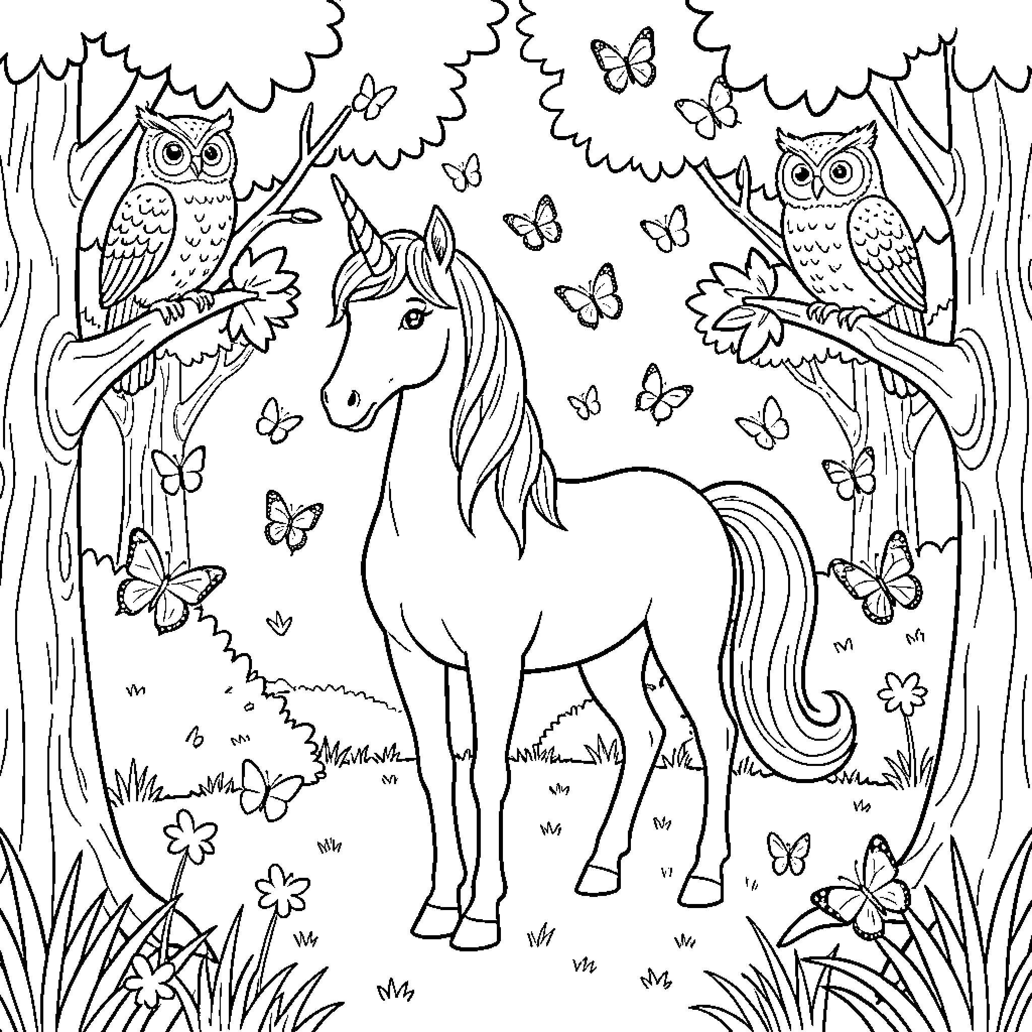 Unicorn in a Whimsical Forest Coloring Page (free black-and-white line drawing printable PDF for all, from beginners to advanced learners, including children, teens, adults, and seniors)