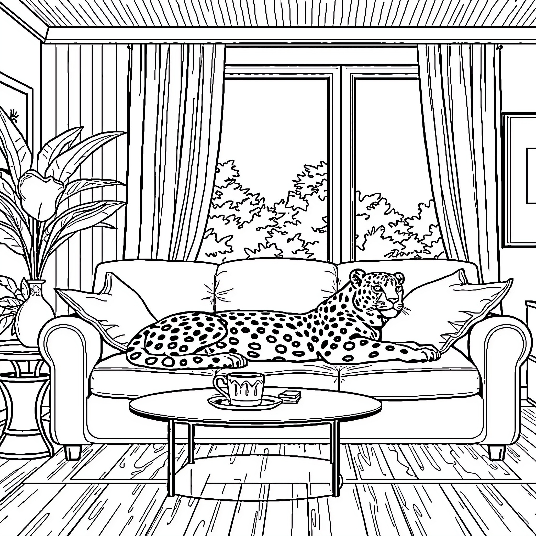 Jaguar resting peacefully on the couch Coloring Page (free black-and-white line drawing printable PDF for all, from beginners to advanced learners, including children, teens, adults, and seniors)