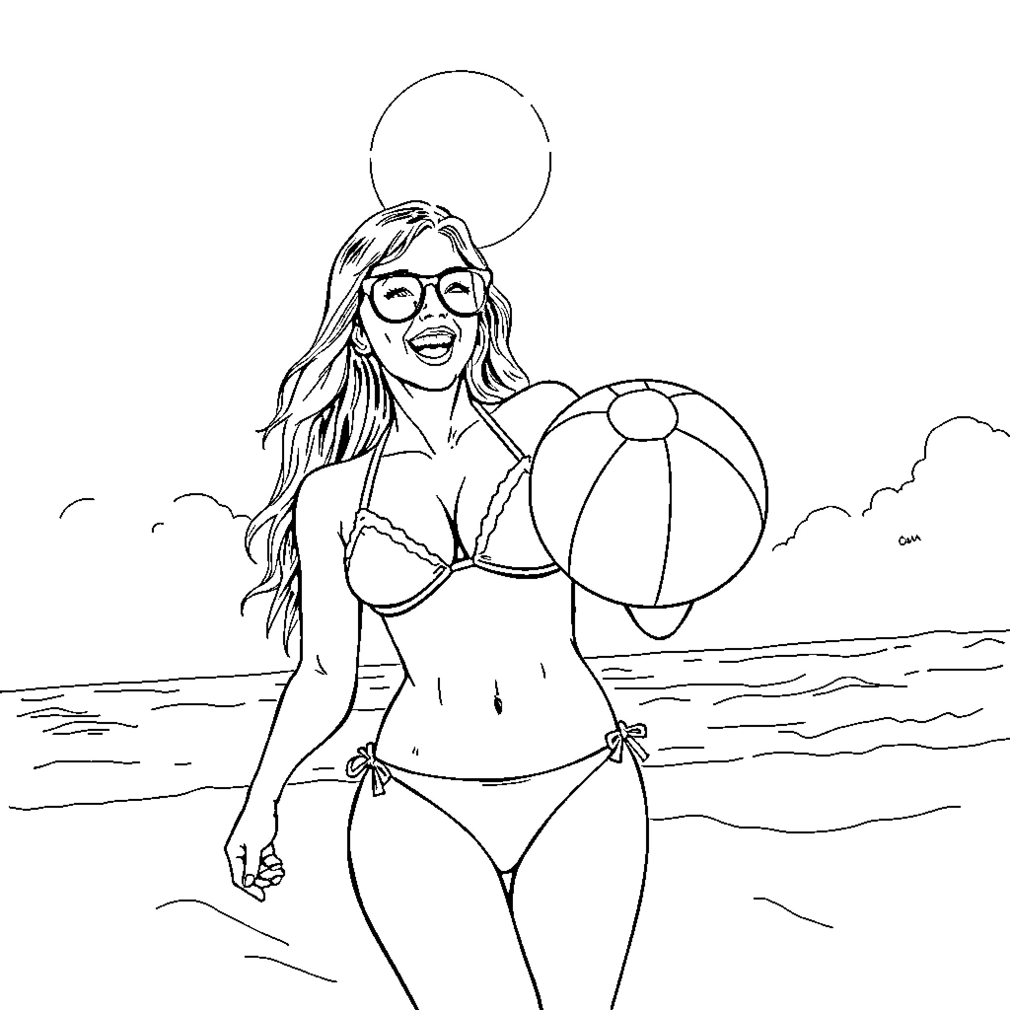 Lisa Loeb frolicking playfully in swimwear on the beach Coloring Page (free black-and-white line drawing printable PDF for all, from beginners to advanced learners, including children, teens, adults, and seniors)