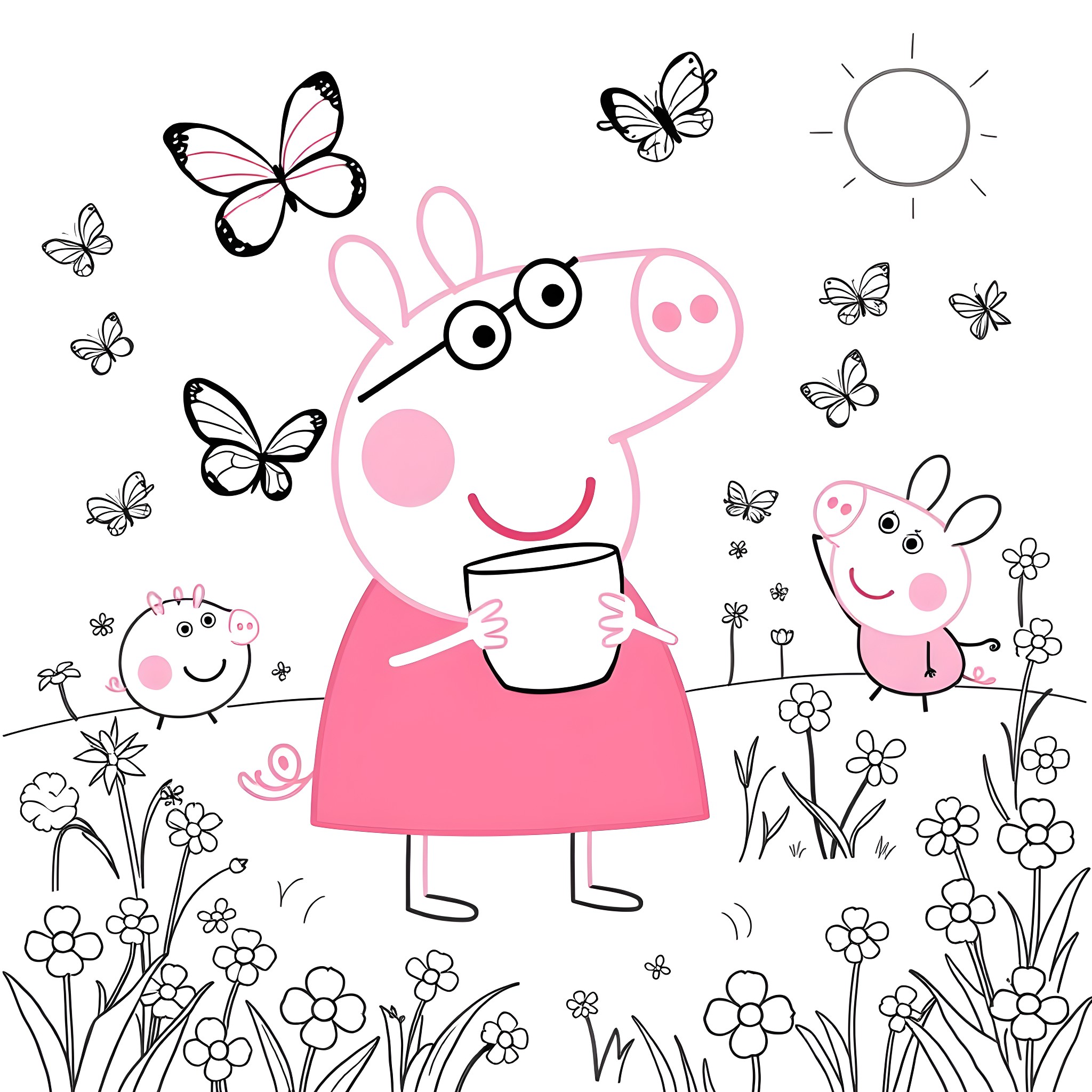 Peppa Pig's Whimsical Adventure with Butterflies and Flowers Coloring Page (free black-and-white line drawing printable PDF for all, from beginners to advanced learners, including children, teens, adults, and seniors)