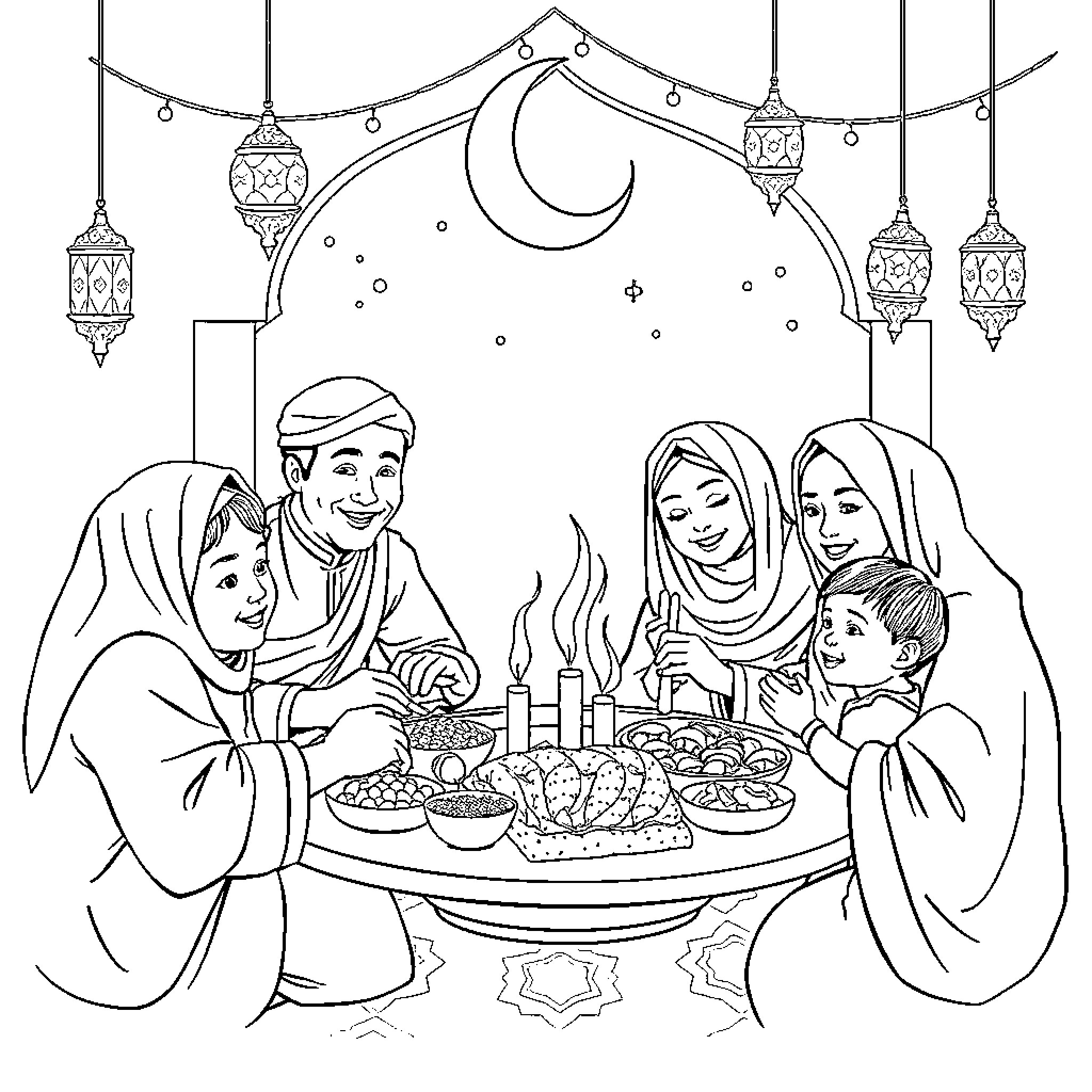 Eid family gathering for festive meal Coloring Page (free black-and-white line drawing printable PDF for all, from beginners to advanced learners, including children, teens, adults, and seniors)