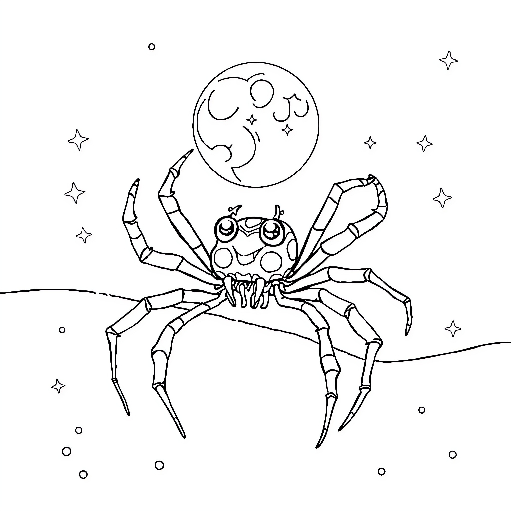 Spider exploring the night sky Coloring Page (free black-and-white line drawing printable PDF for all, from beginners to advanced learners, including children, teens, adults, and seniors)