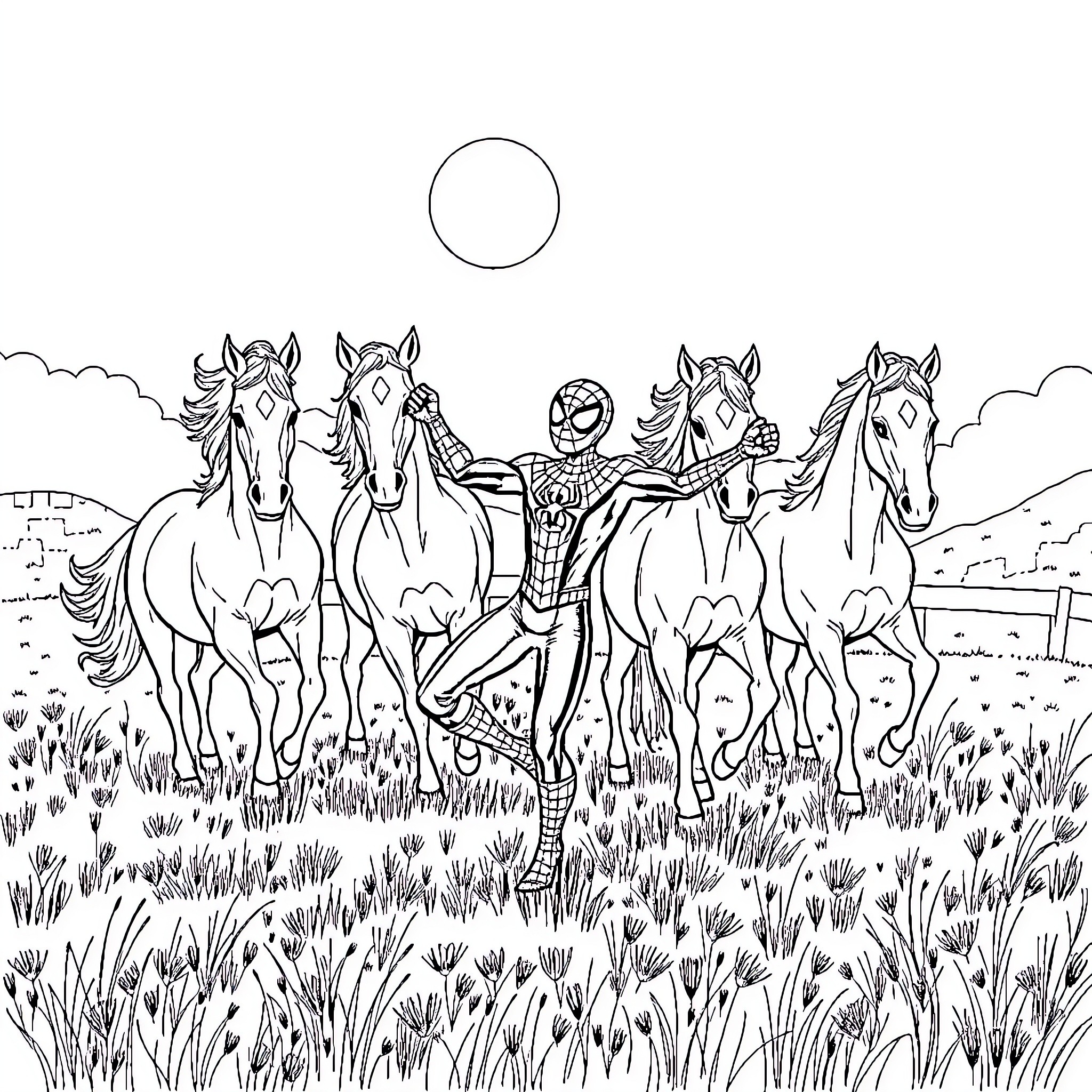 Spiderman riding horses in a field Coloring Page (free black-and-white line drawing printable PDF for all, from beginners to advanced learners, including children, teens, adults, and seniors)