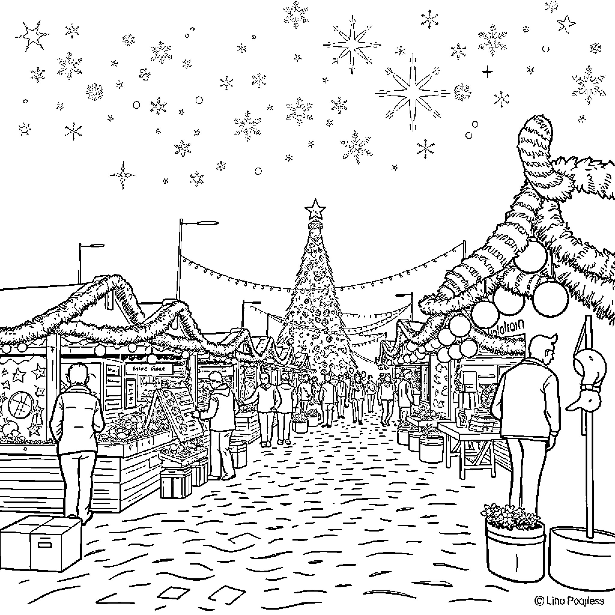 Christmas Tree Market with Festive Stalls and Crowd Coloring Page (free black-and-white line drawing printable PDF for all, from beginners to advanced learners, including children, teens, adults, and seniors)