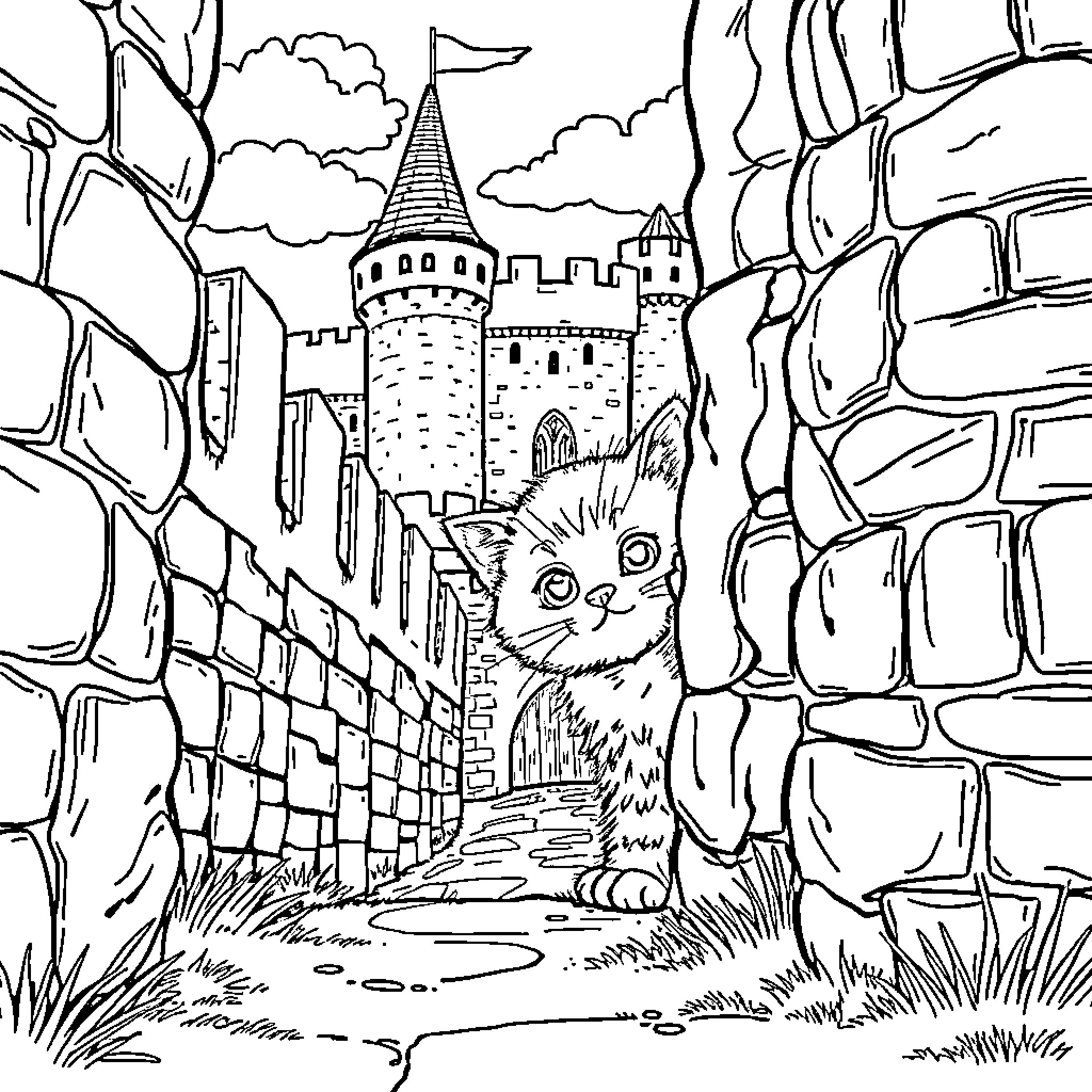 Kitten exploring a medieval castle Coloring Page (free black-and-white line drawing printable PDF for all, from beginners to advanced learners, including children, teens, adults, and seniors)