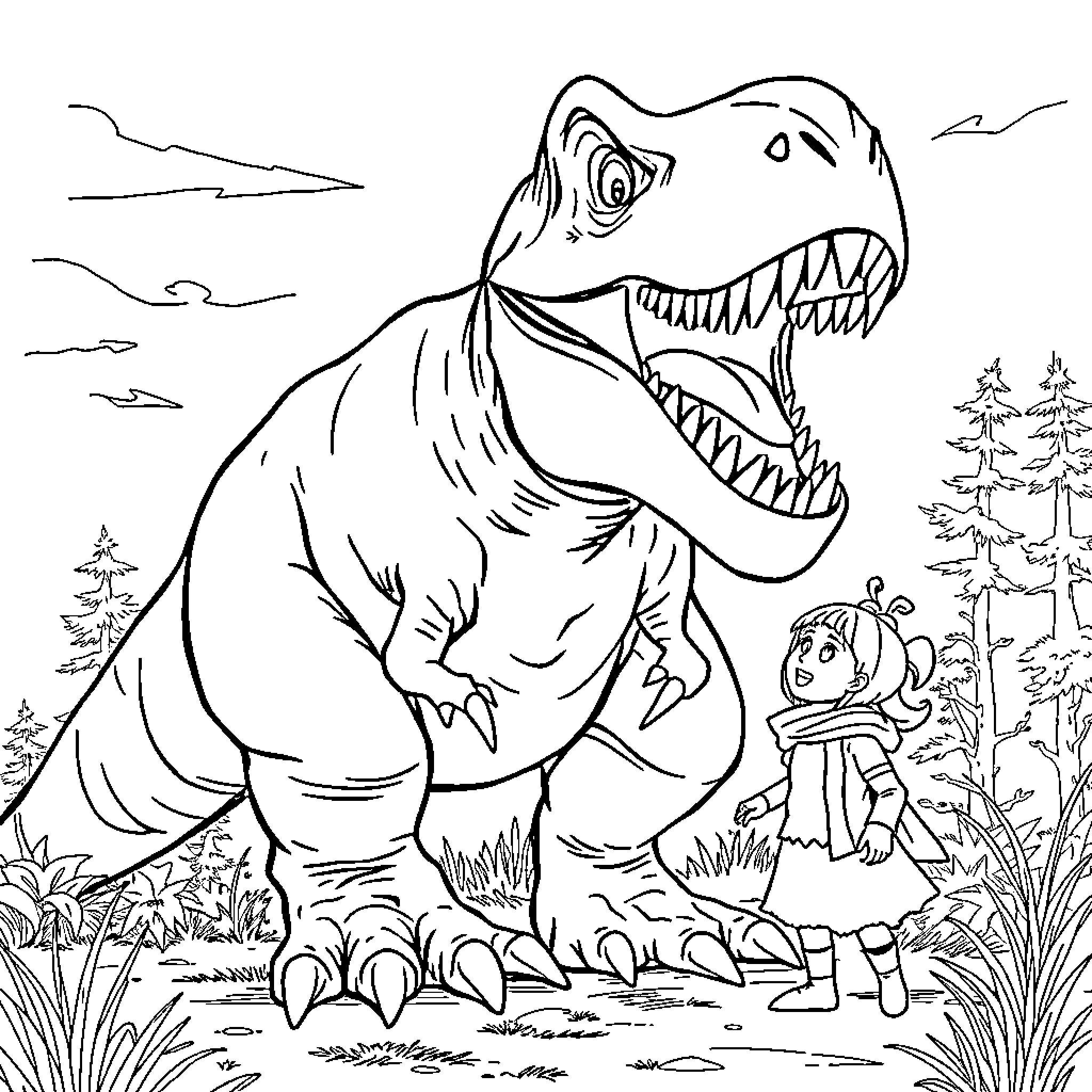 T-Rex ferociously pursuing a hiker in the forest Coloring Page (free black-and-white line drawing printable PDF for all, from beginners to advanced learners, including children, teens, adults, and seniors)
