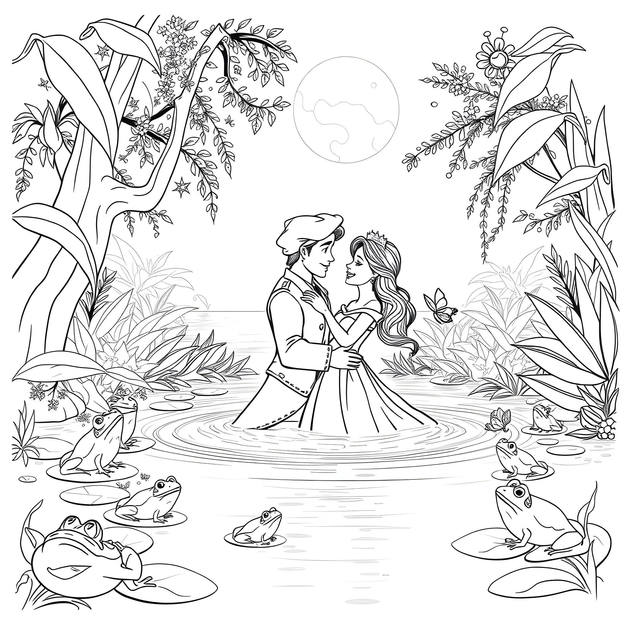 Tiana and Prince Charming in Enchanted Floral Landscape Coloring Page (free black-and-white line drawing printable PDF for all, from beginners to advanced learners, including children, teens, adults, and seniors)