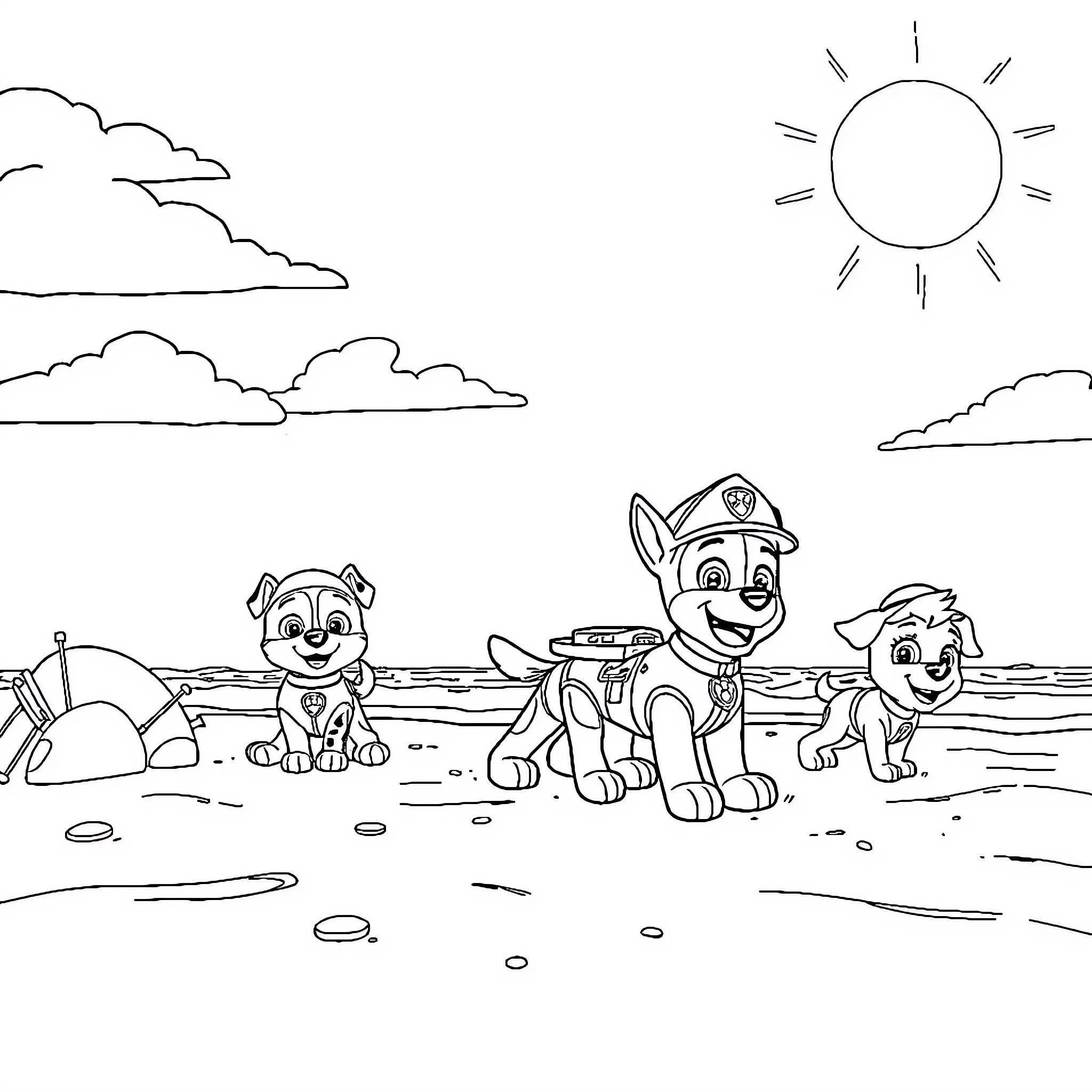 Paw Patrol characters playing outdoors on a sunny day Coloring Page (free black-and-white line drawing printable PDF for all, from beginners to advanced learners, including children, teens, adults, and seniors)
